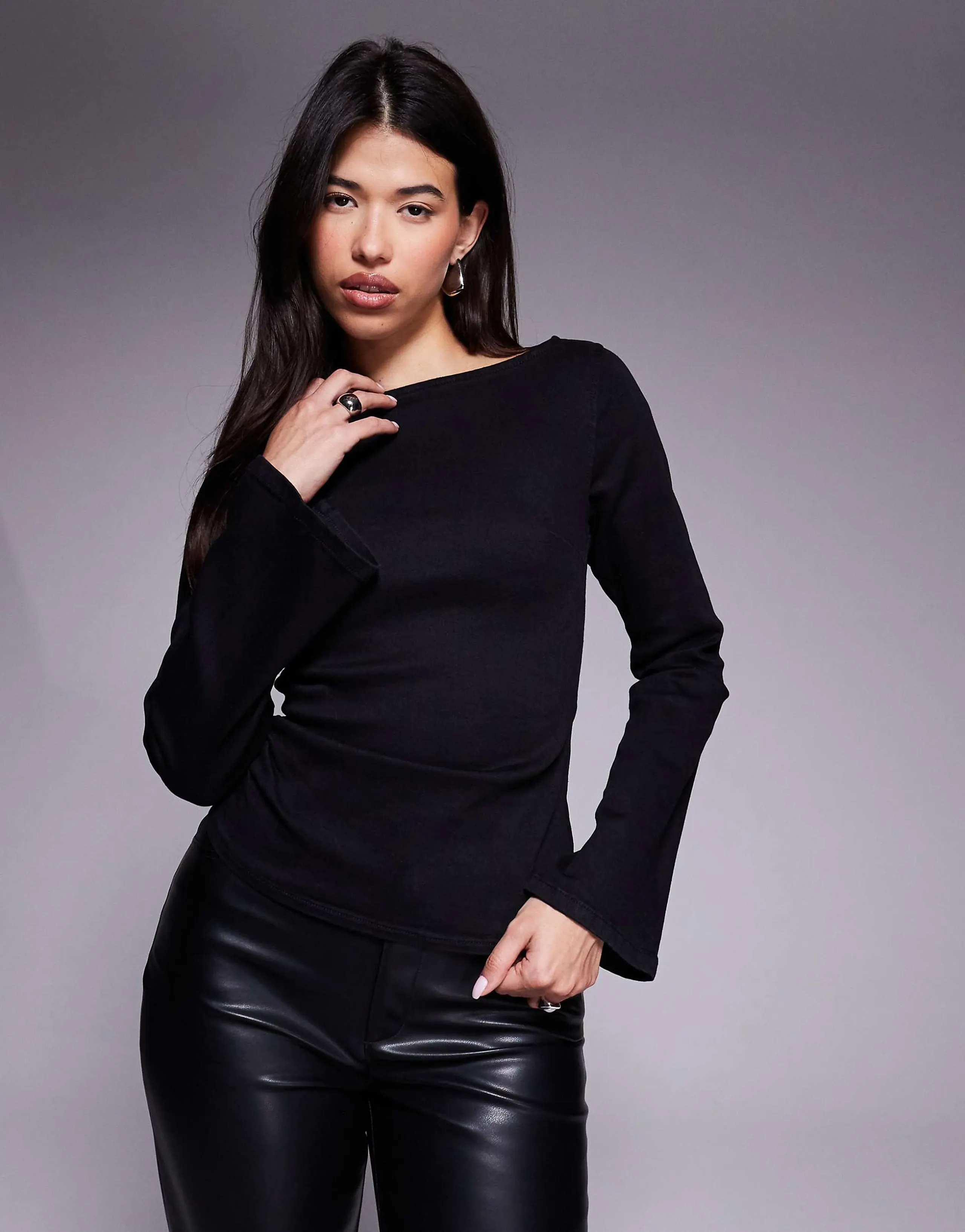 ASOS DESIGN asymmetric denim top with angel sleeve and gathered waist in rinse wash