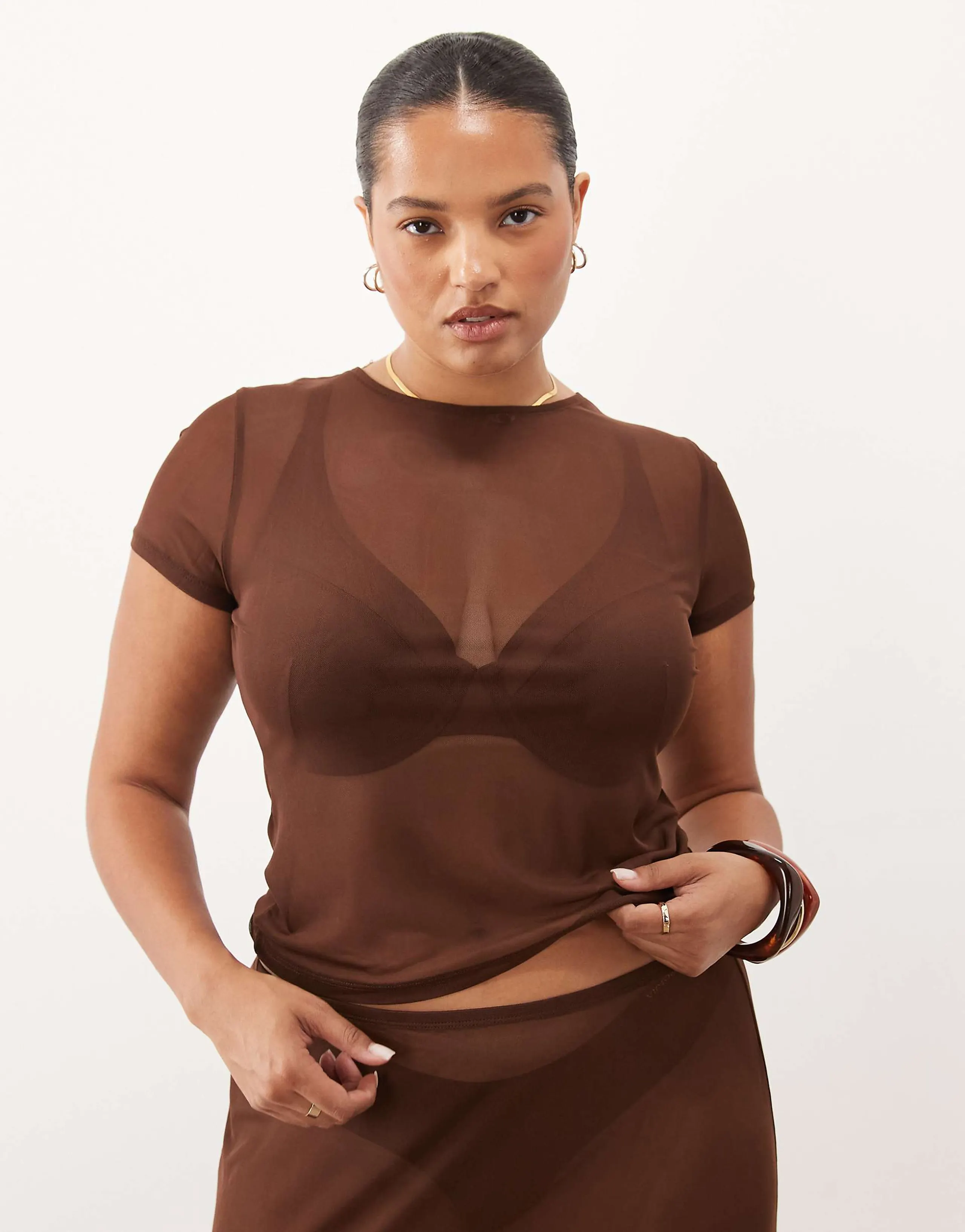 ASOS DESIGN Curve sheer mesh baby tee in chocolate