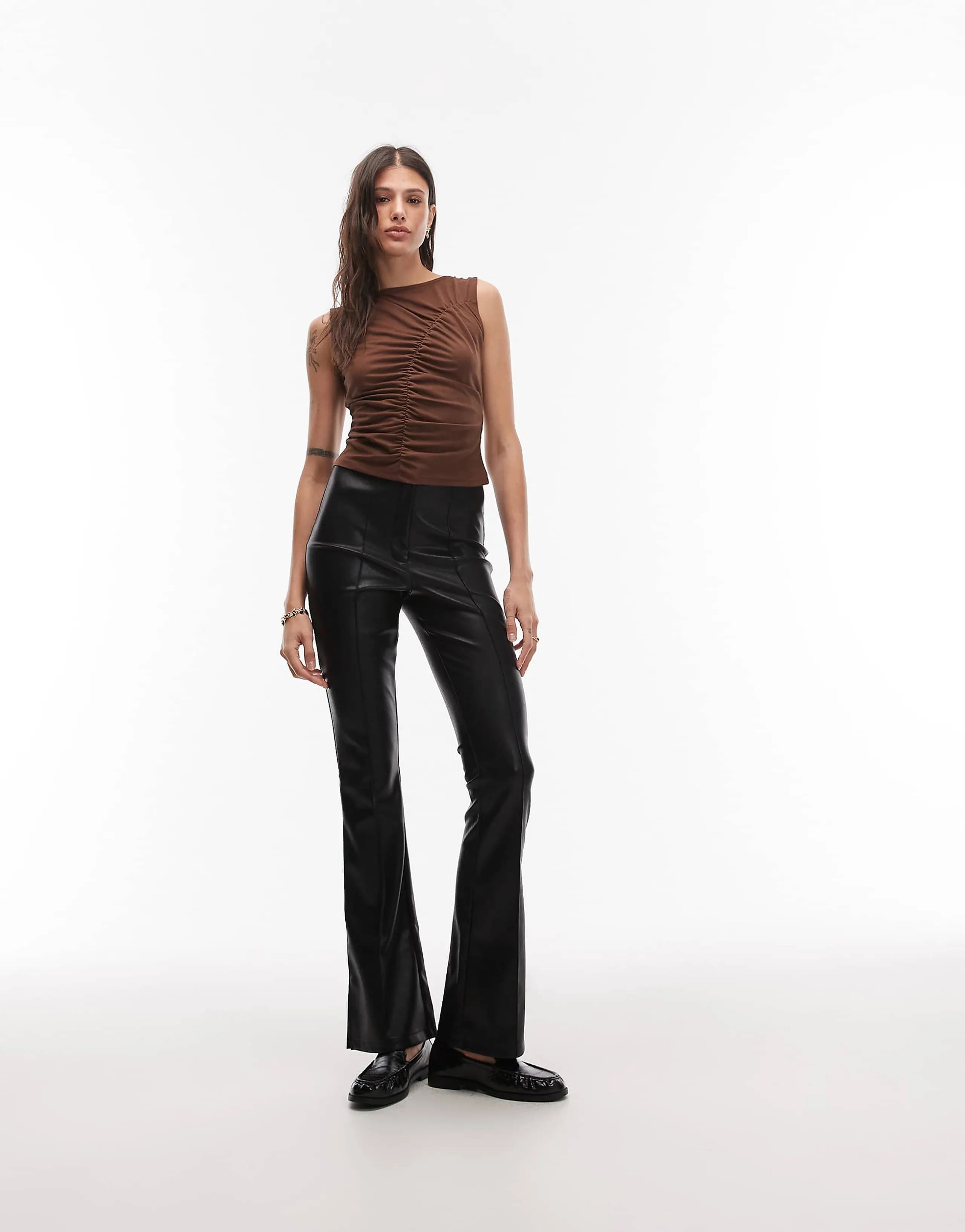 ASOS DESIGN Tall leather look slim flared pants with pintucks in black