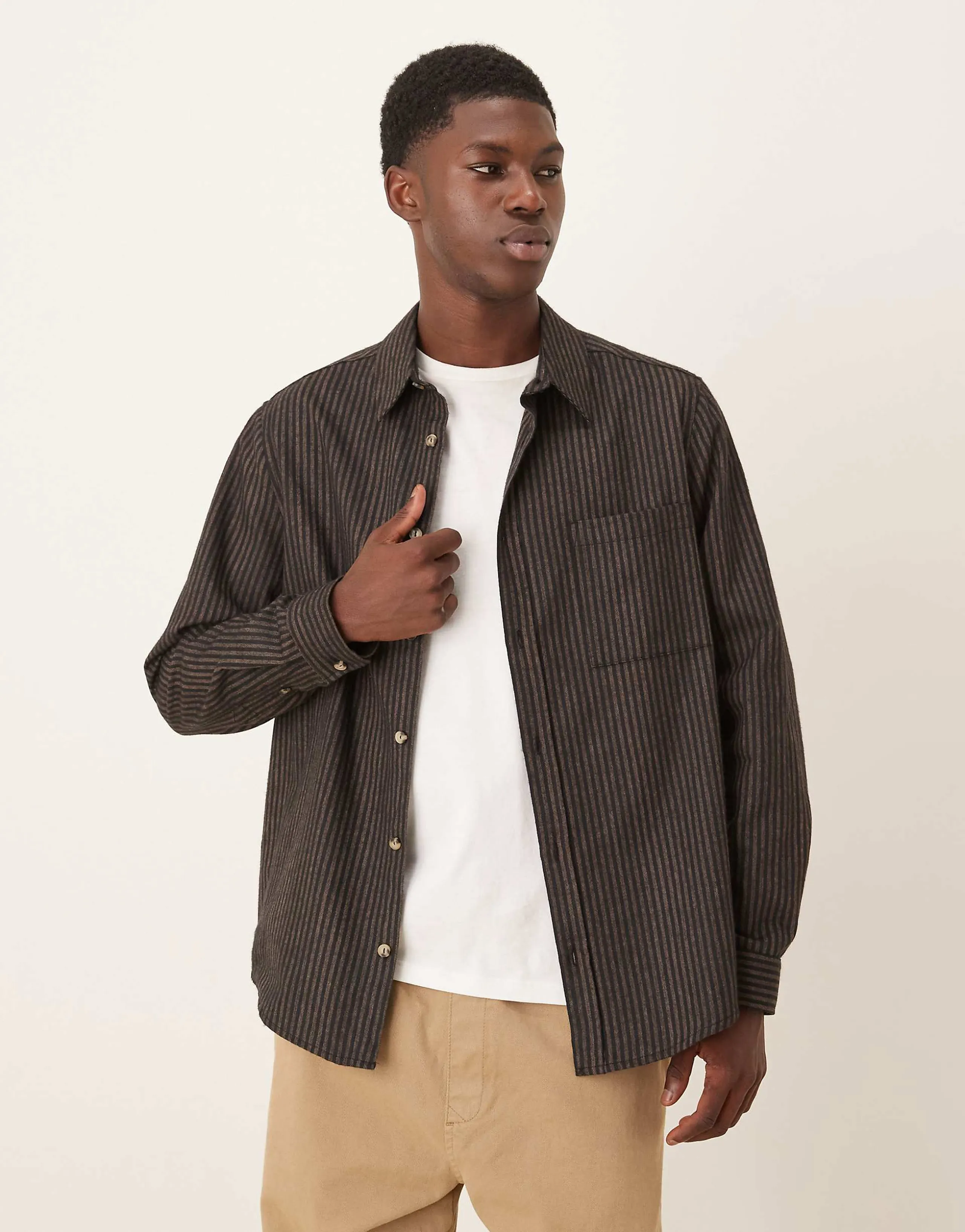 ASOS DESIGN relaxed shirt with pocket in navy and brown stripe