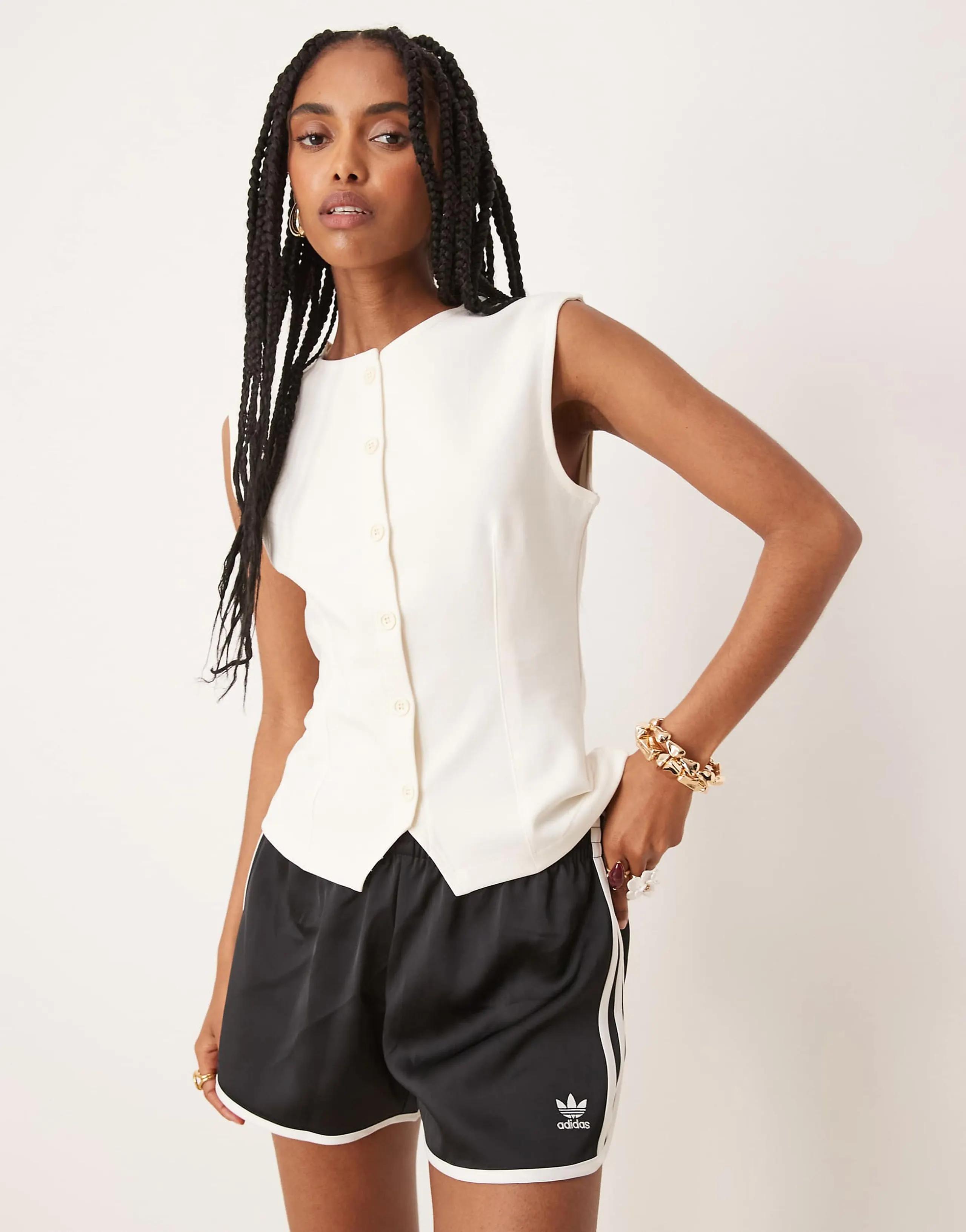 ASOS DESIGN interlock sharp shoulder button-up vest in coconut milk