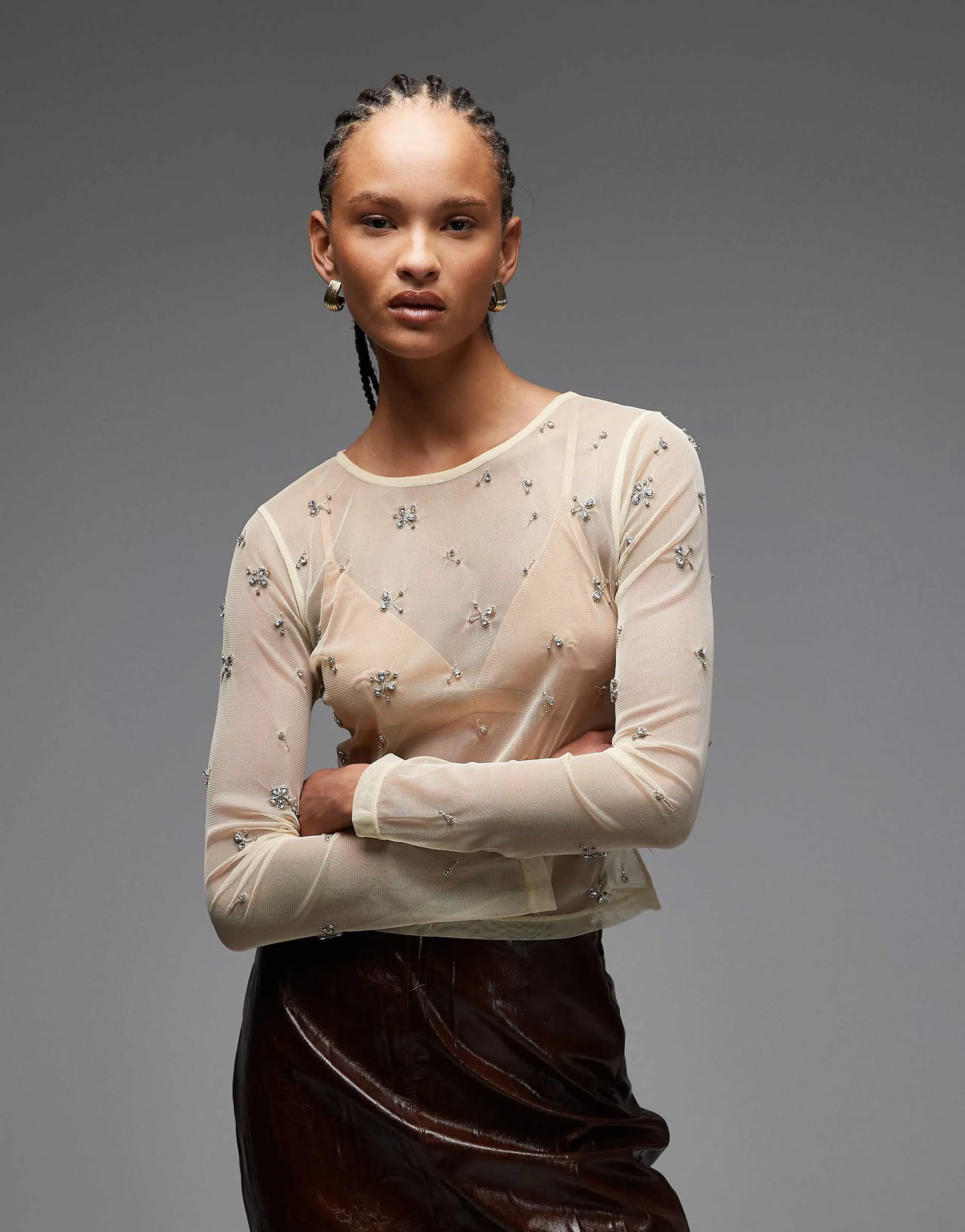 ASOS DESIGN scatter embellished sheer mesh long sleeve top in cream