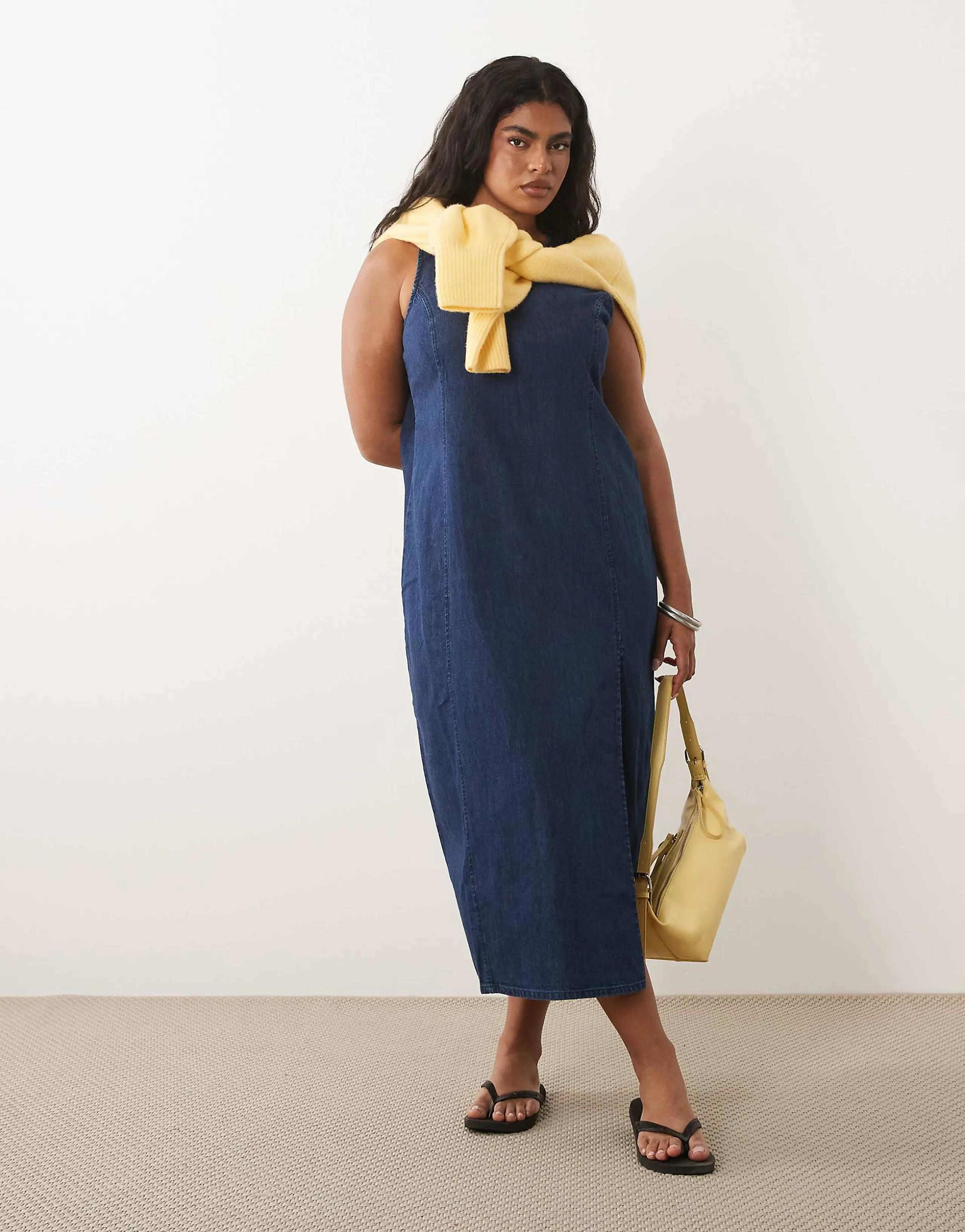 ASOS DESIGN Curve denim fitted midi dress in rich mid blue