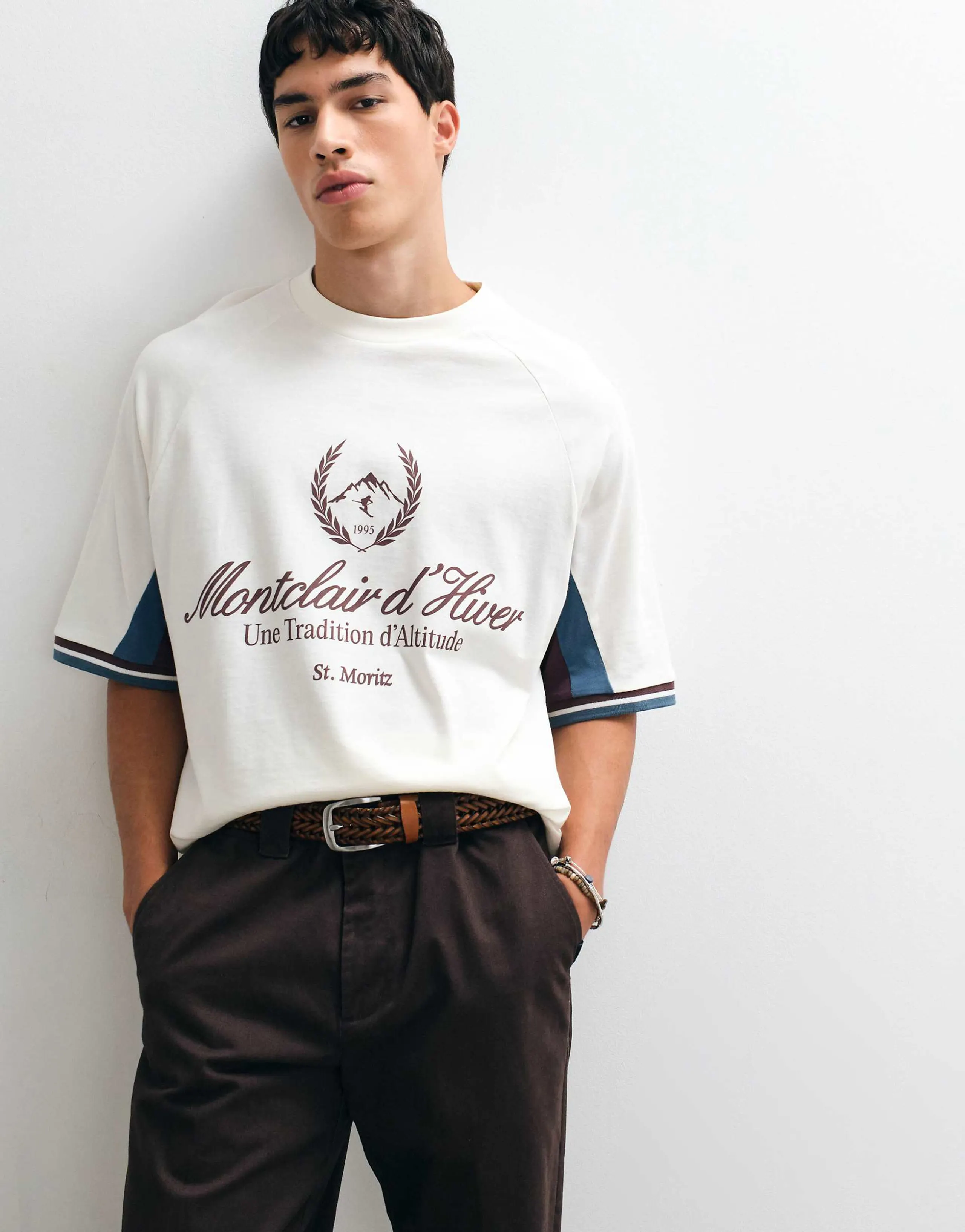 ASOS DESIGN oversized cut and sew t-shirt with soccer placement print in cream