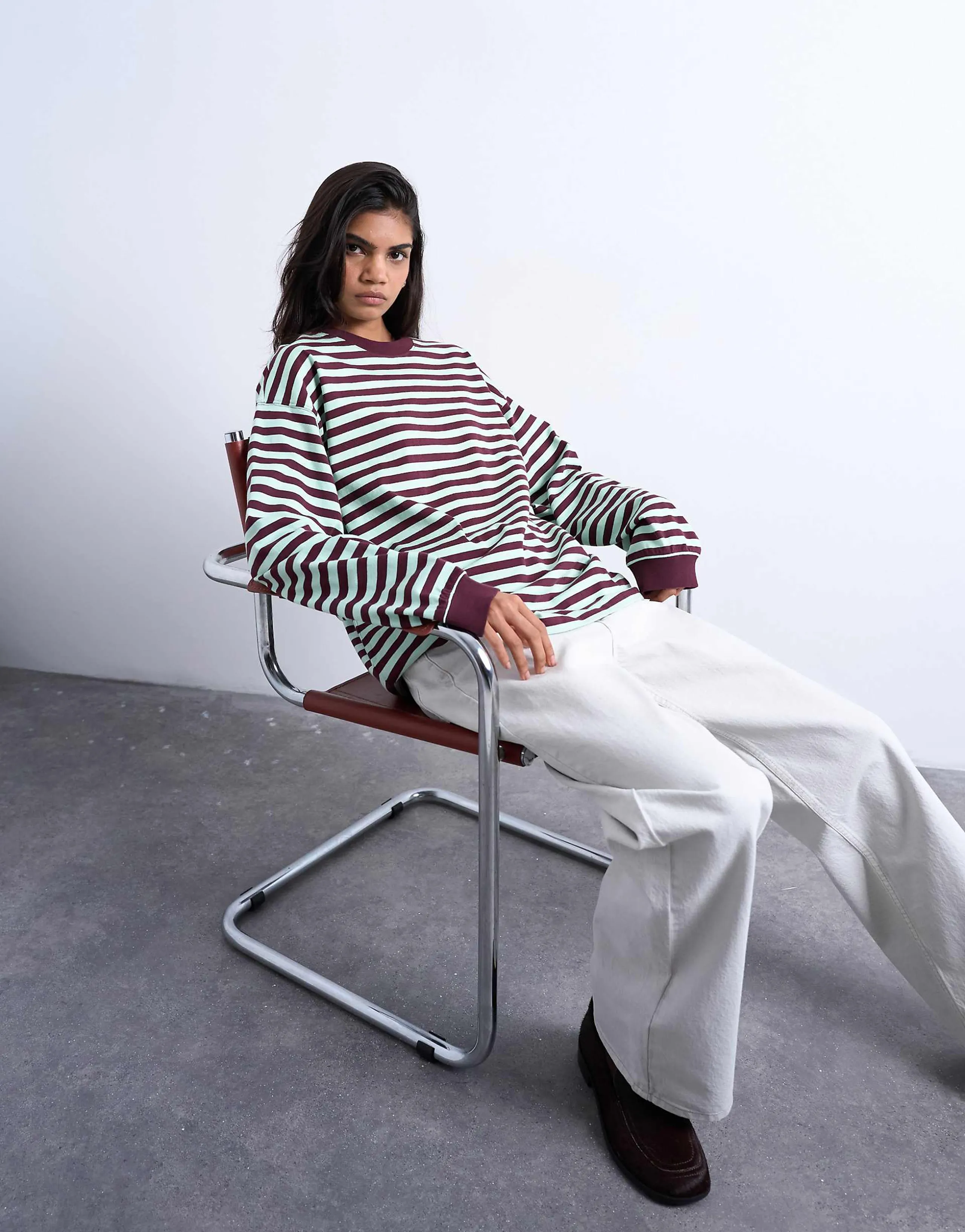 Topshop striped long sleeve slouchy skater tee in mint and burgundy