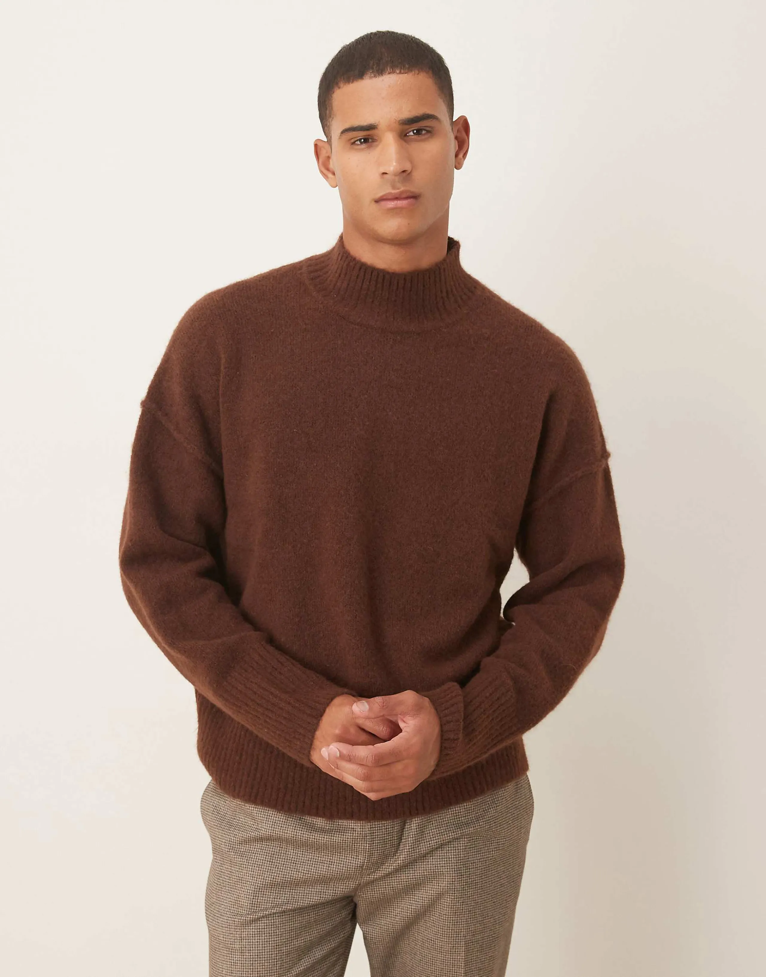 ASOS DESIGN oversized knit funnel neck wool blend sweater in brown
