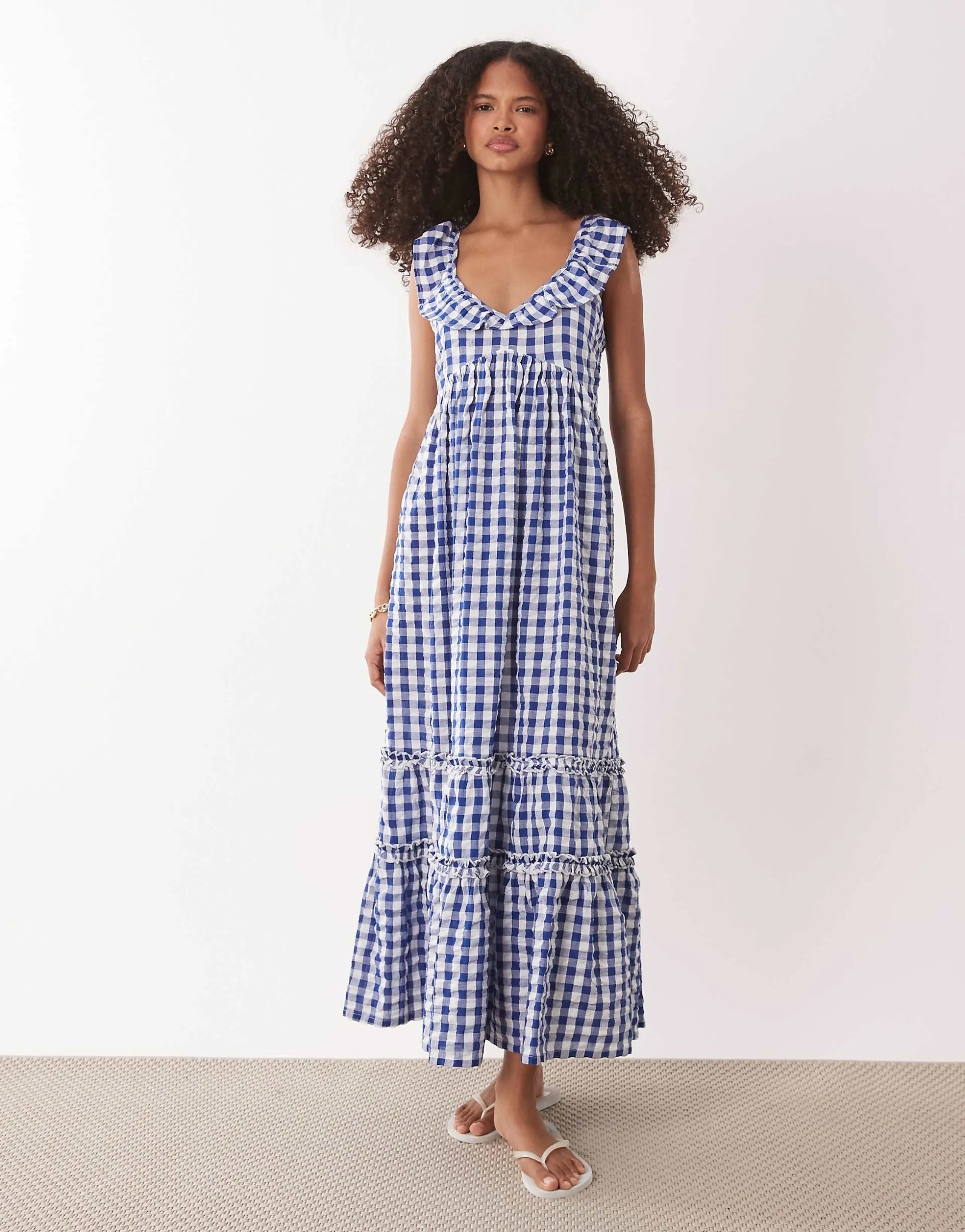 Accessorize gingham print midi beach dress in navy blue