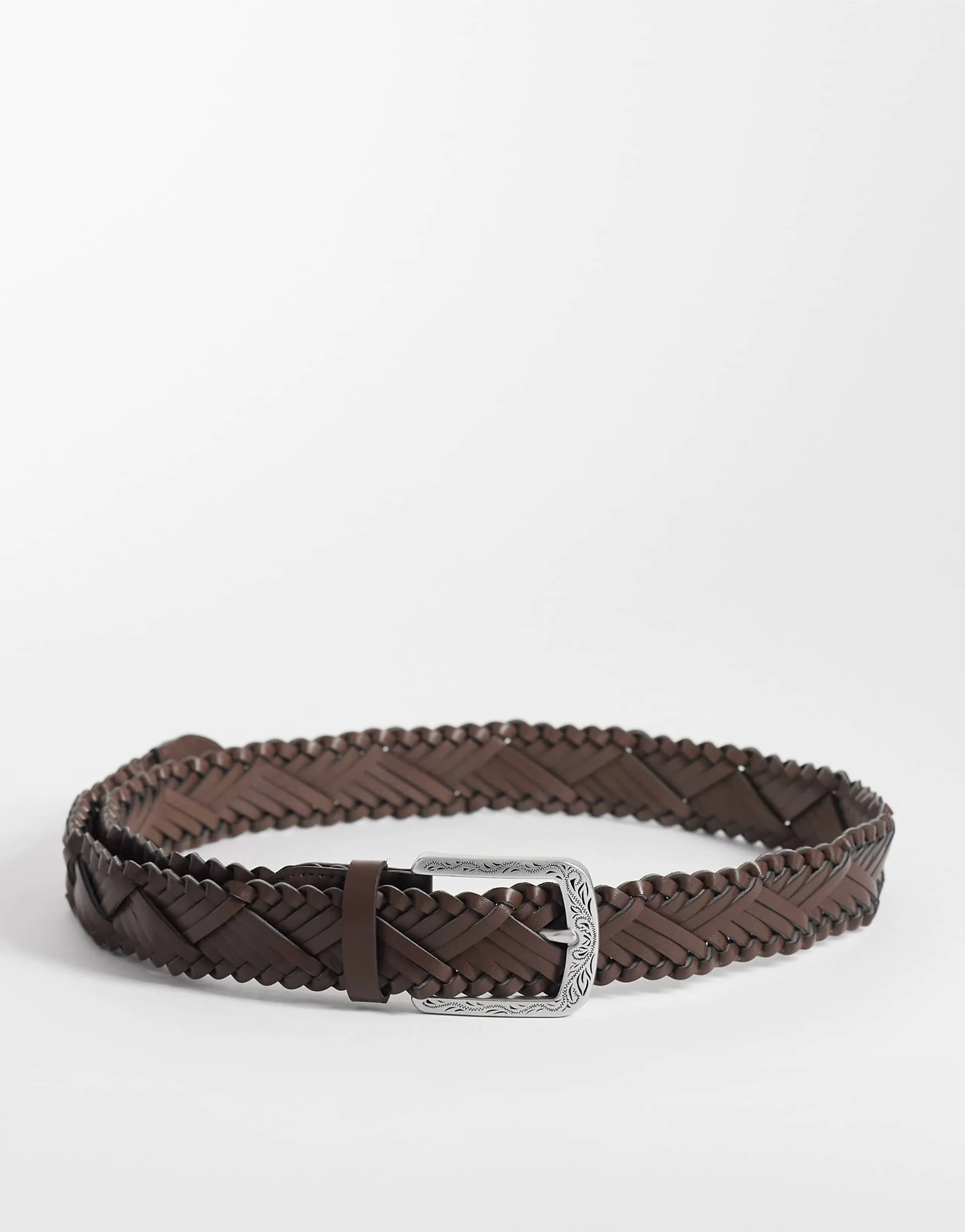 ASOS DESIGN faux leather woven belt with western pattern silver buckle in brown