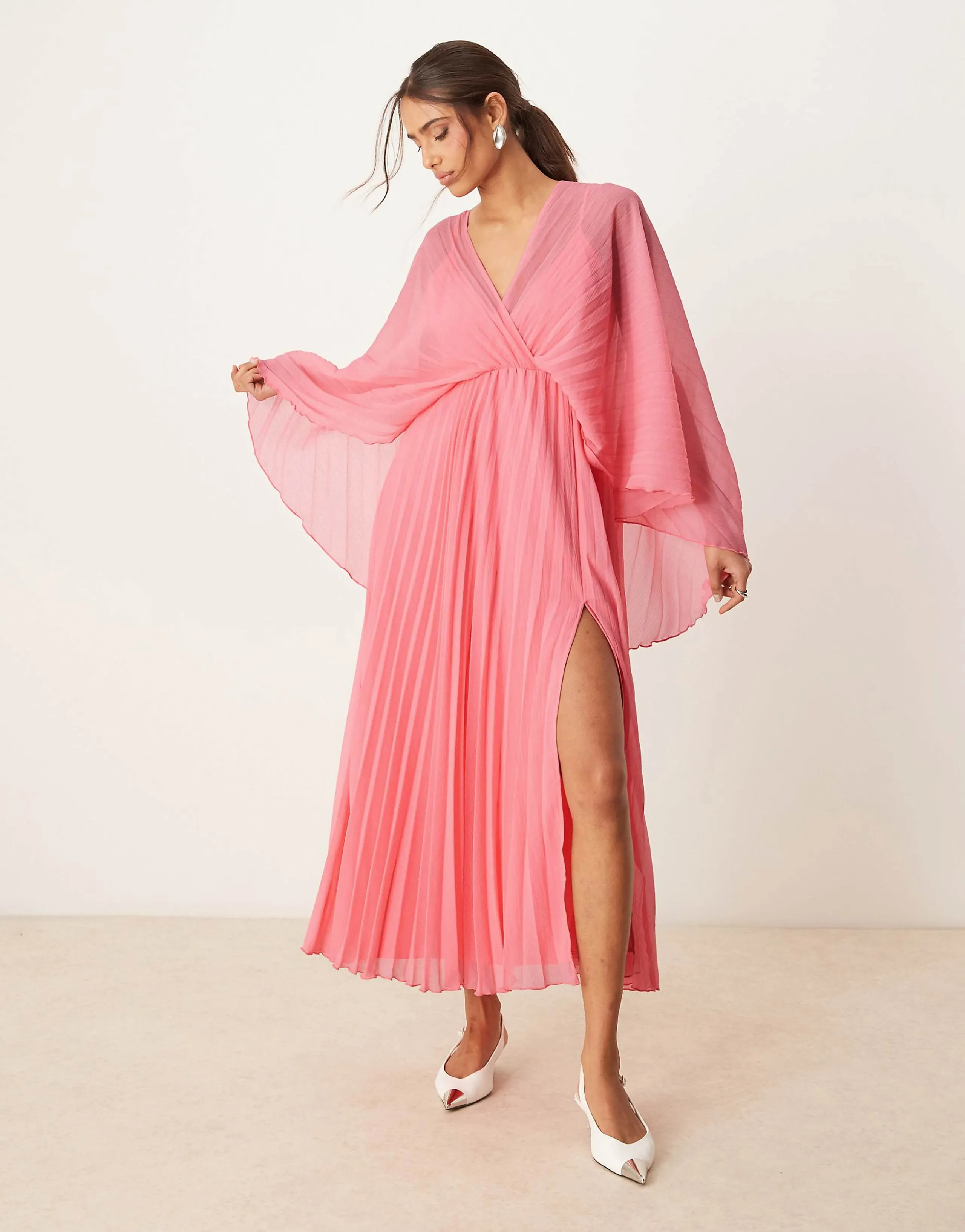 ASOS DESIGN cape detail pleated maxi dress in rose pink