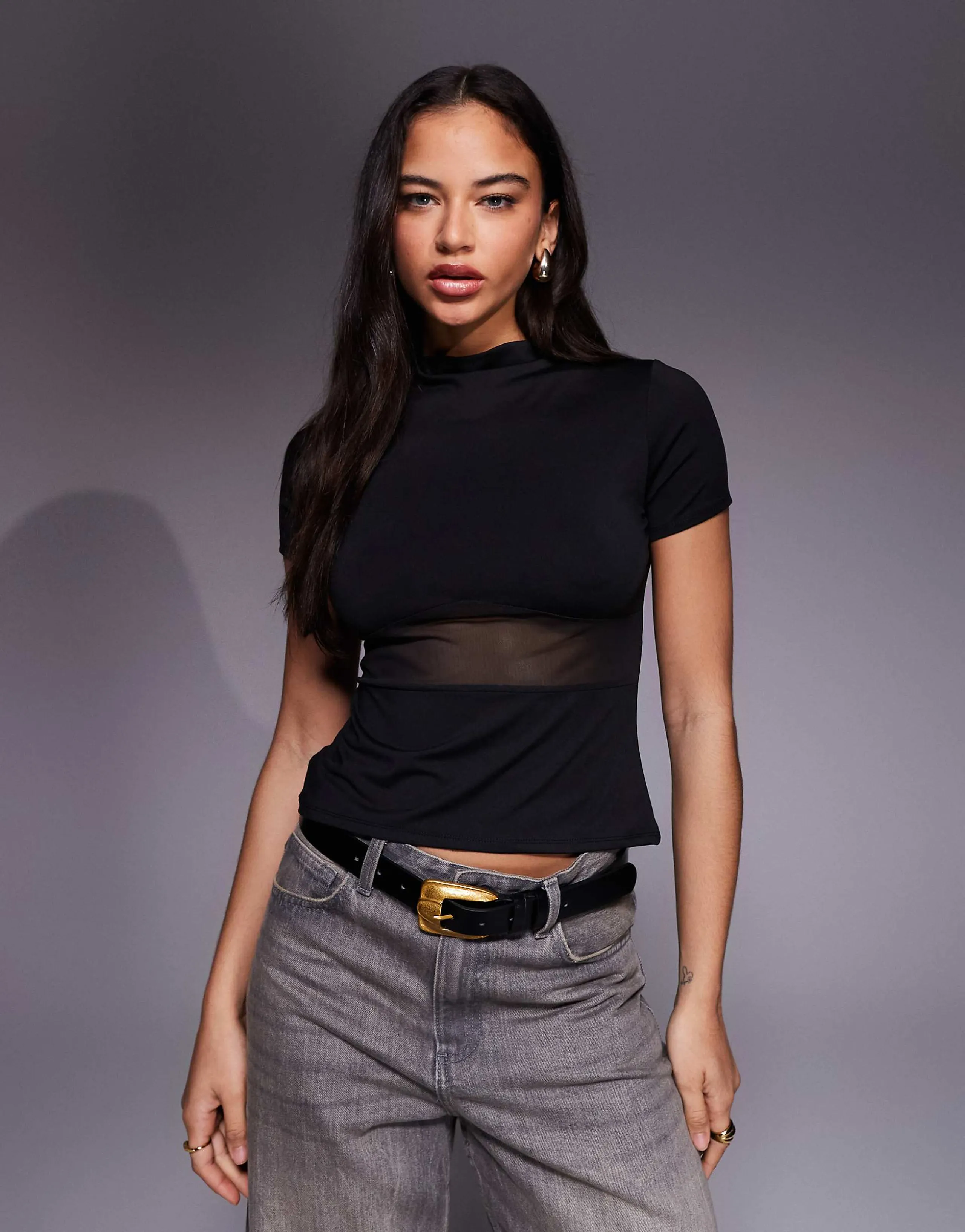 ASOS DESIGN soft jersey top with mesh waist detail in black