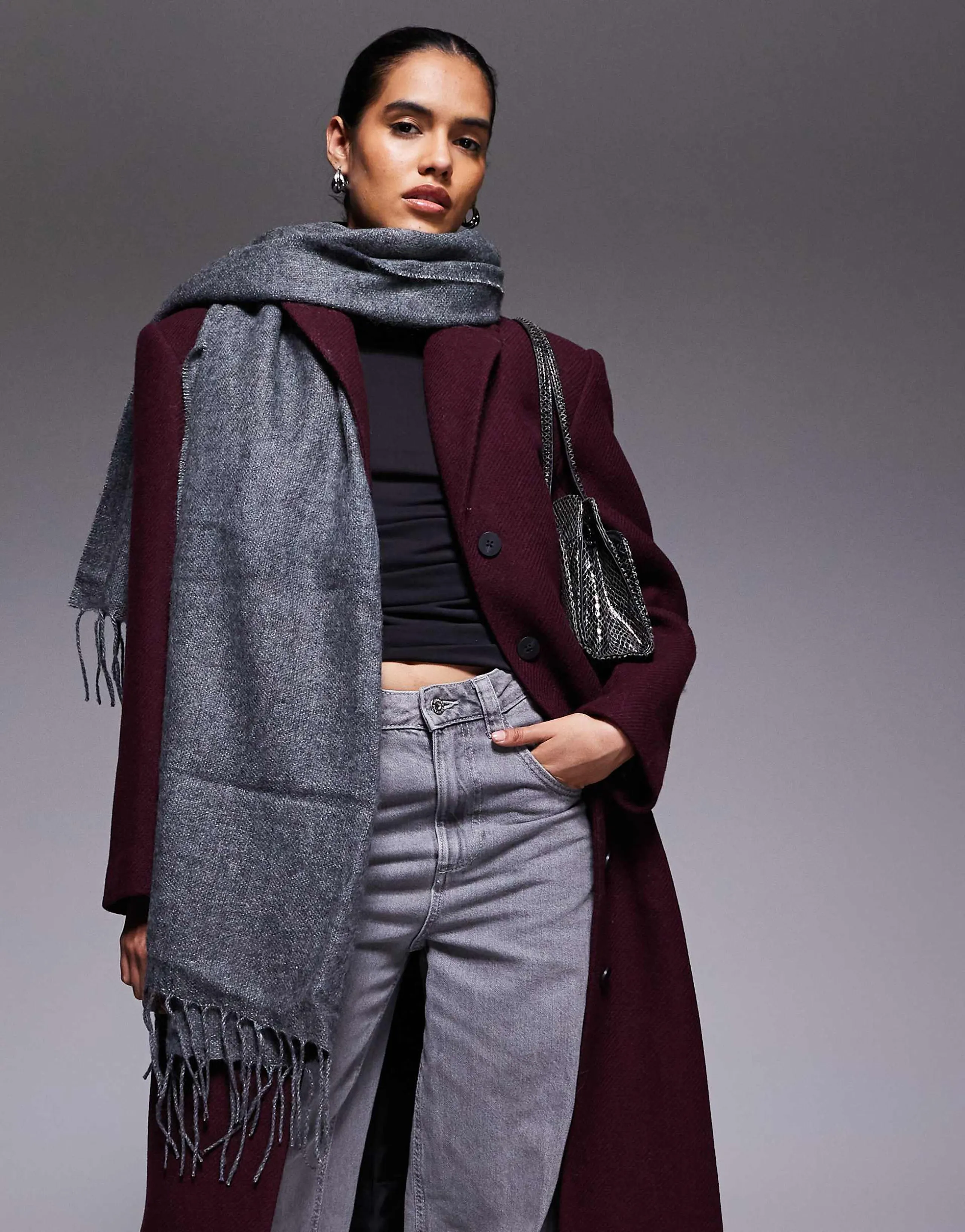 ASOS DESIGN woven supersoft scarf with tassels in charcoal 