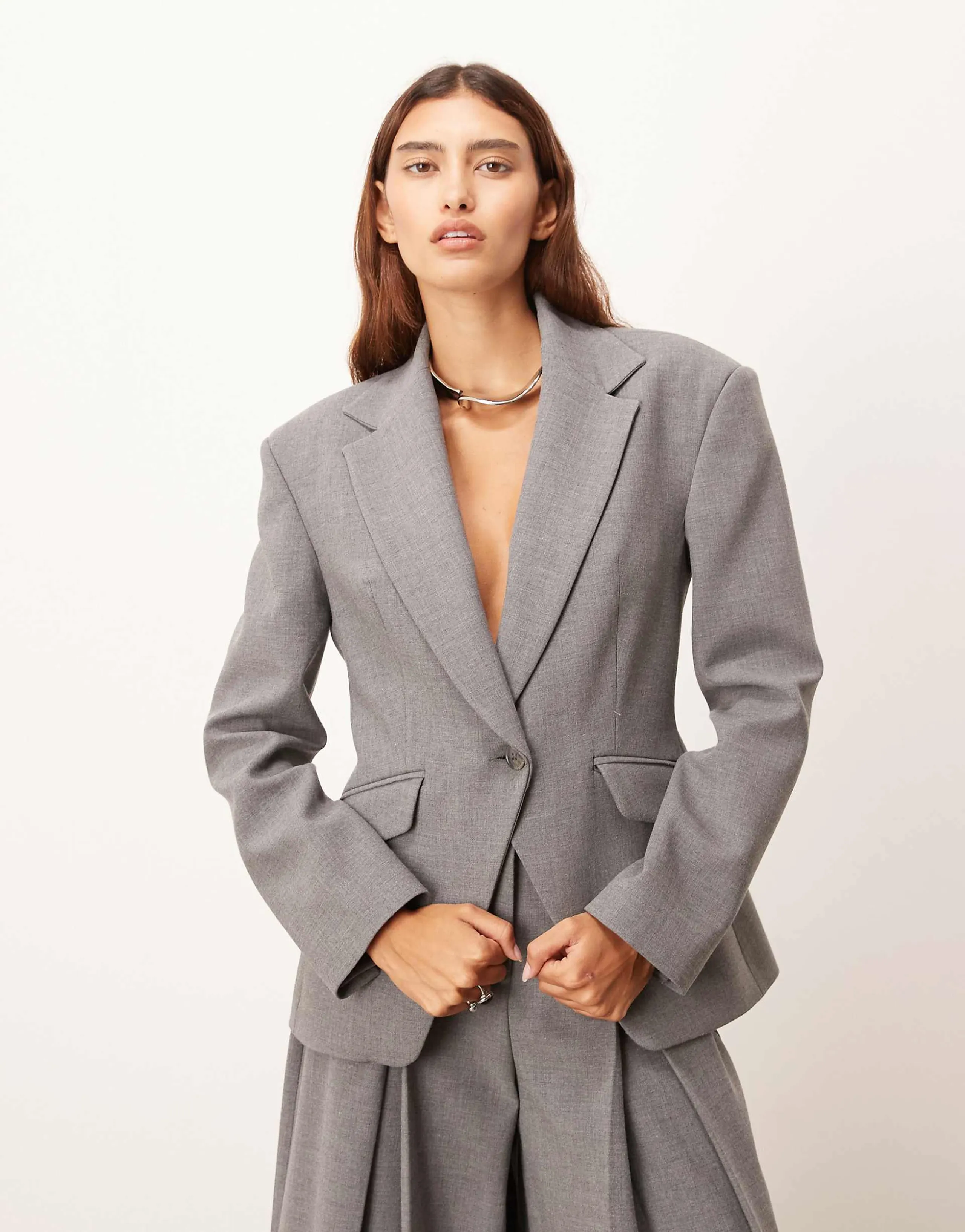 ARRANGE premium tailored blazer with cinched waist in gray - part of a set