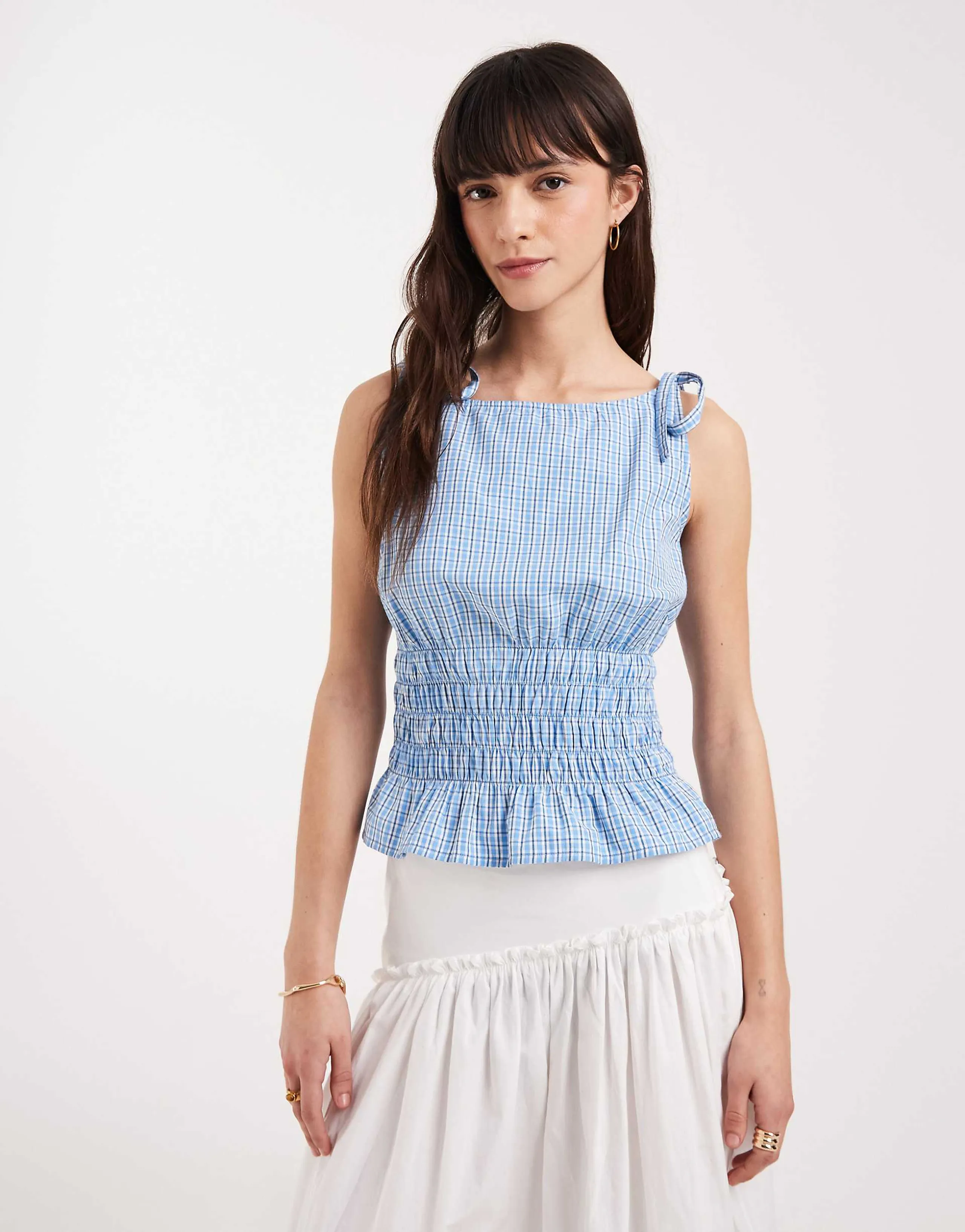 JJXX seersucker plaid top in light blue