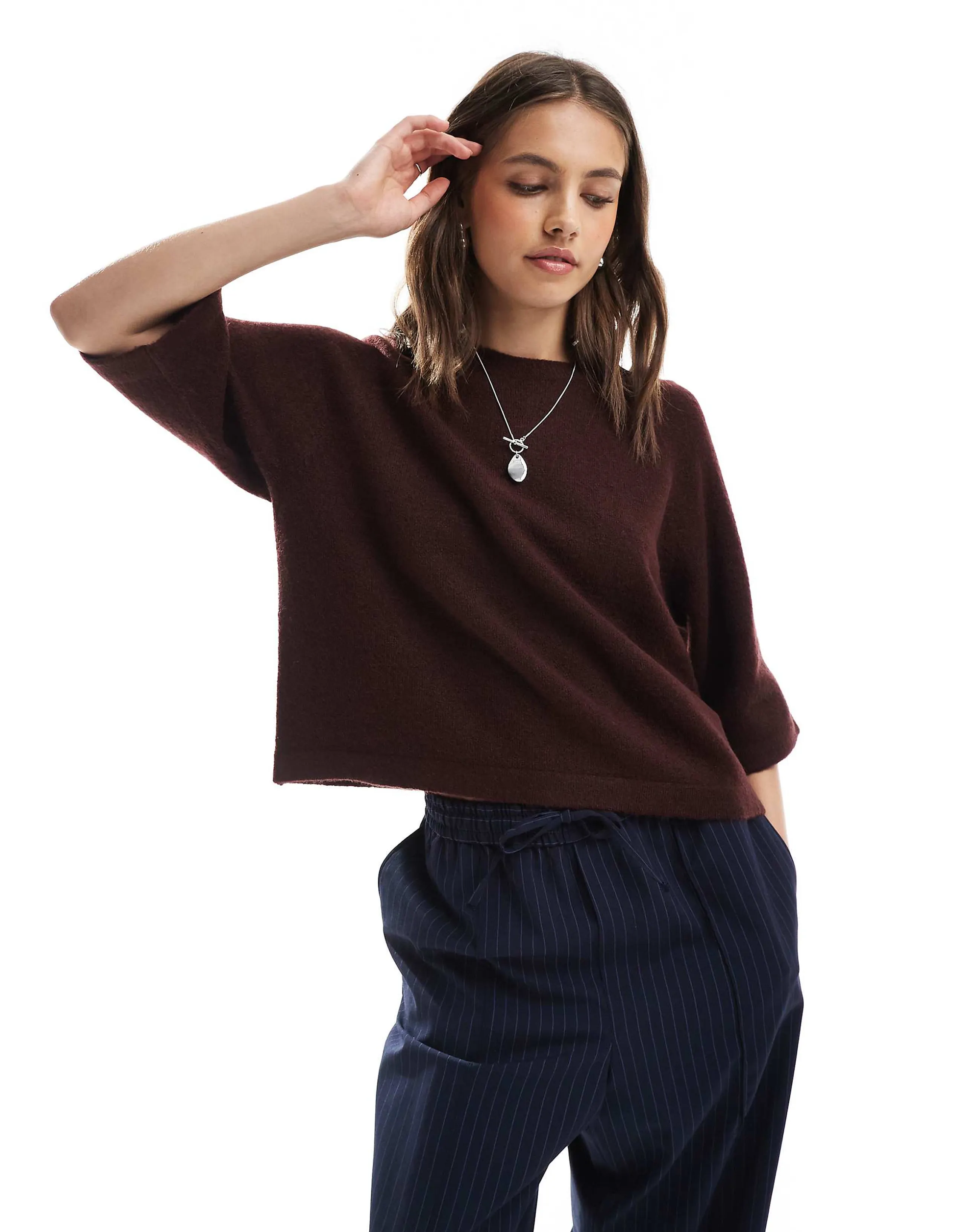 ONLY cropped knit T-shirt in burgundy