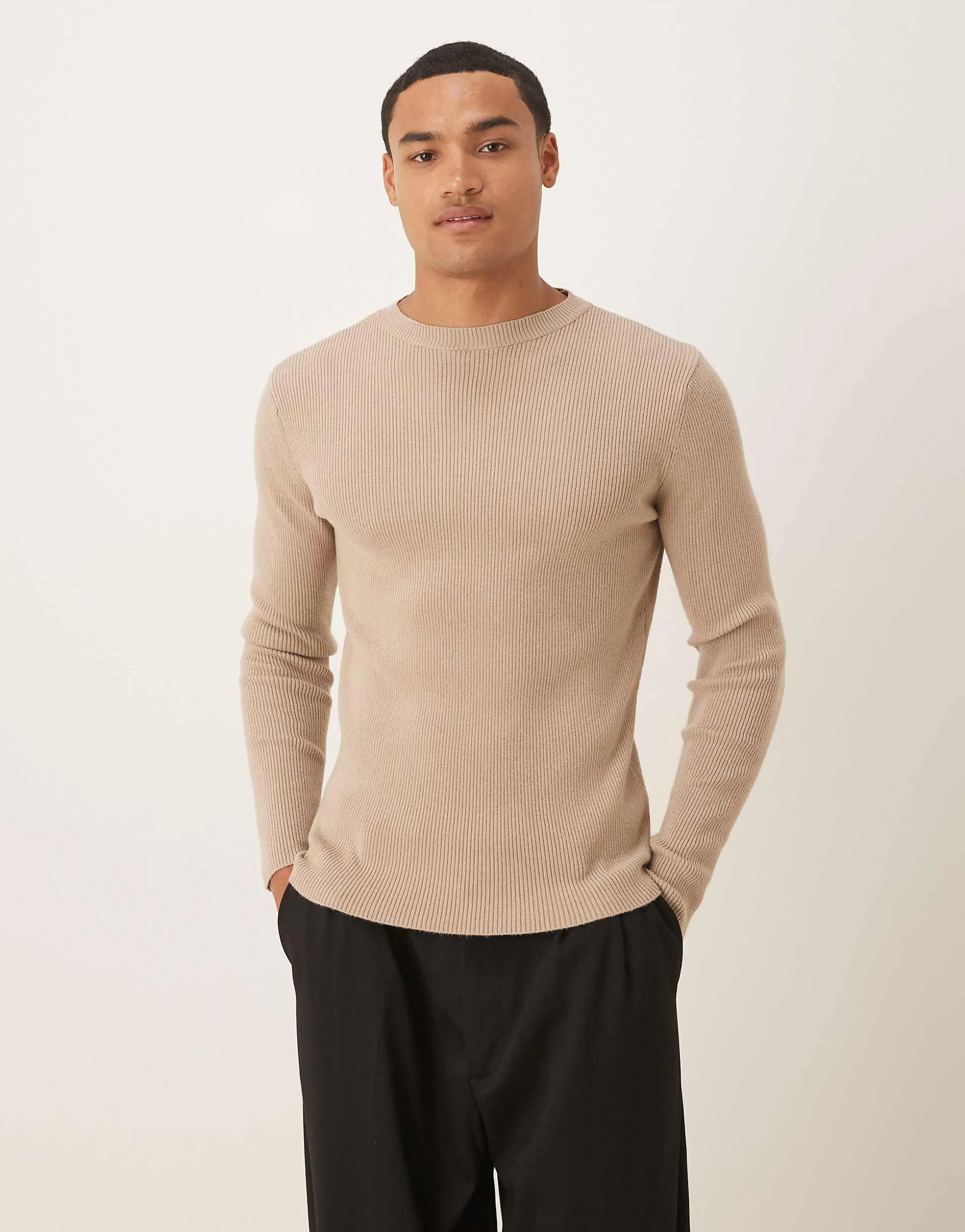 ASOS DESIGN muscle fit long sleeve compact rib knit t-shirt in beige