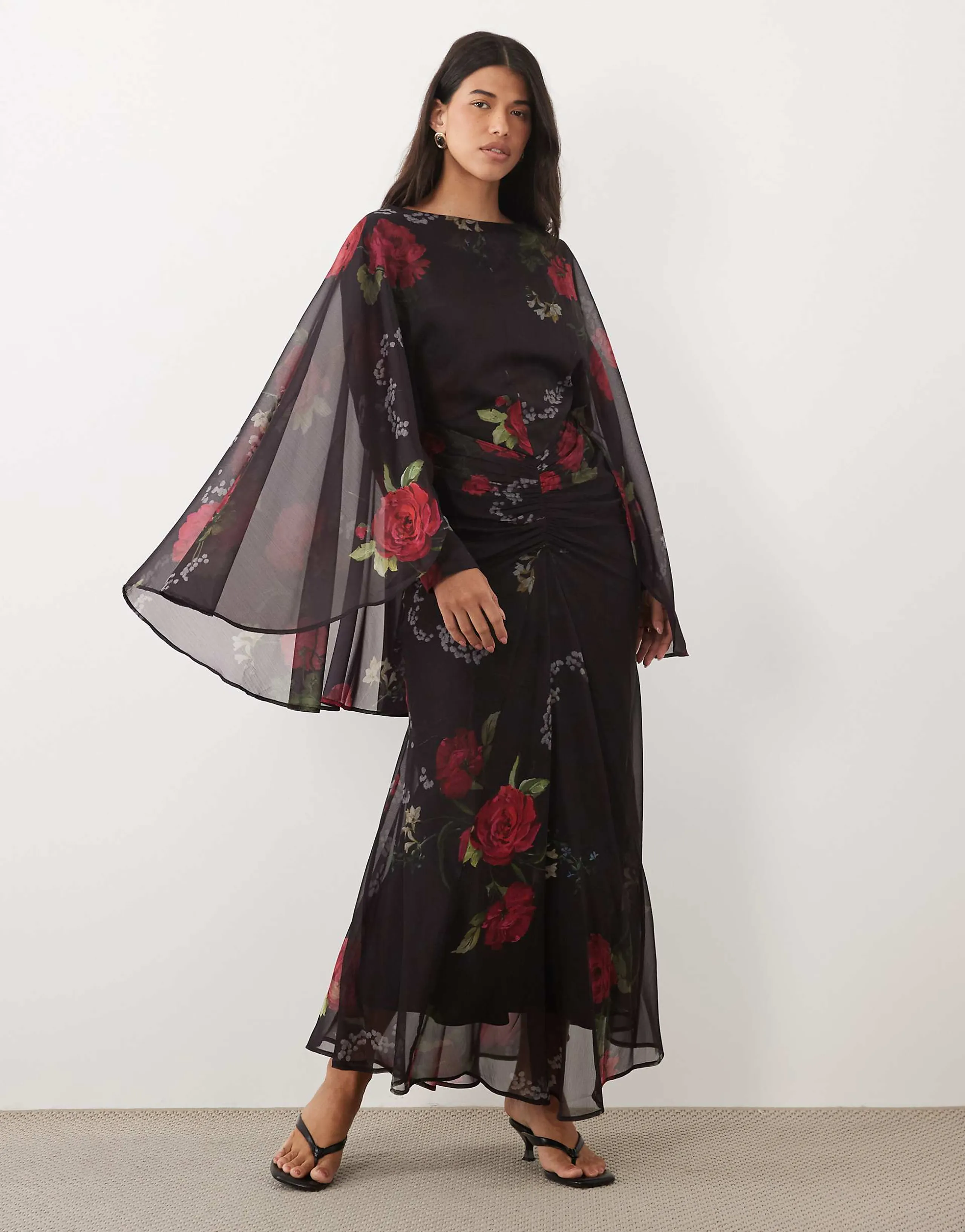 ASOS DESIGN long angel sleeve maxi dress with ruched waist in plum floral print