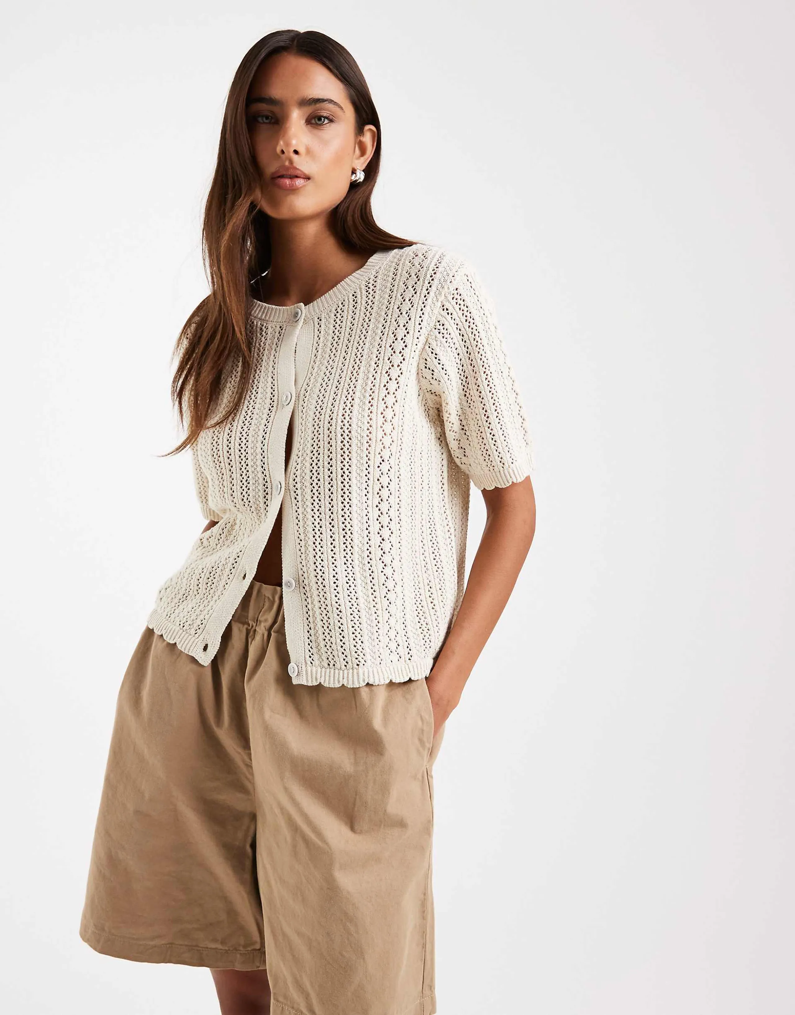 Pieces short sleeve pointelle knit cardigan in birch cream