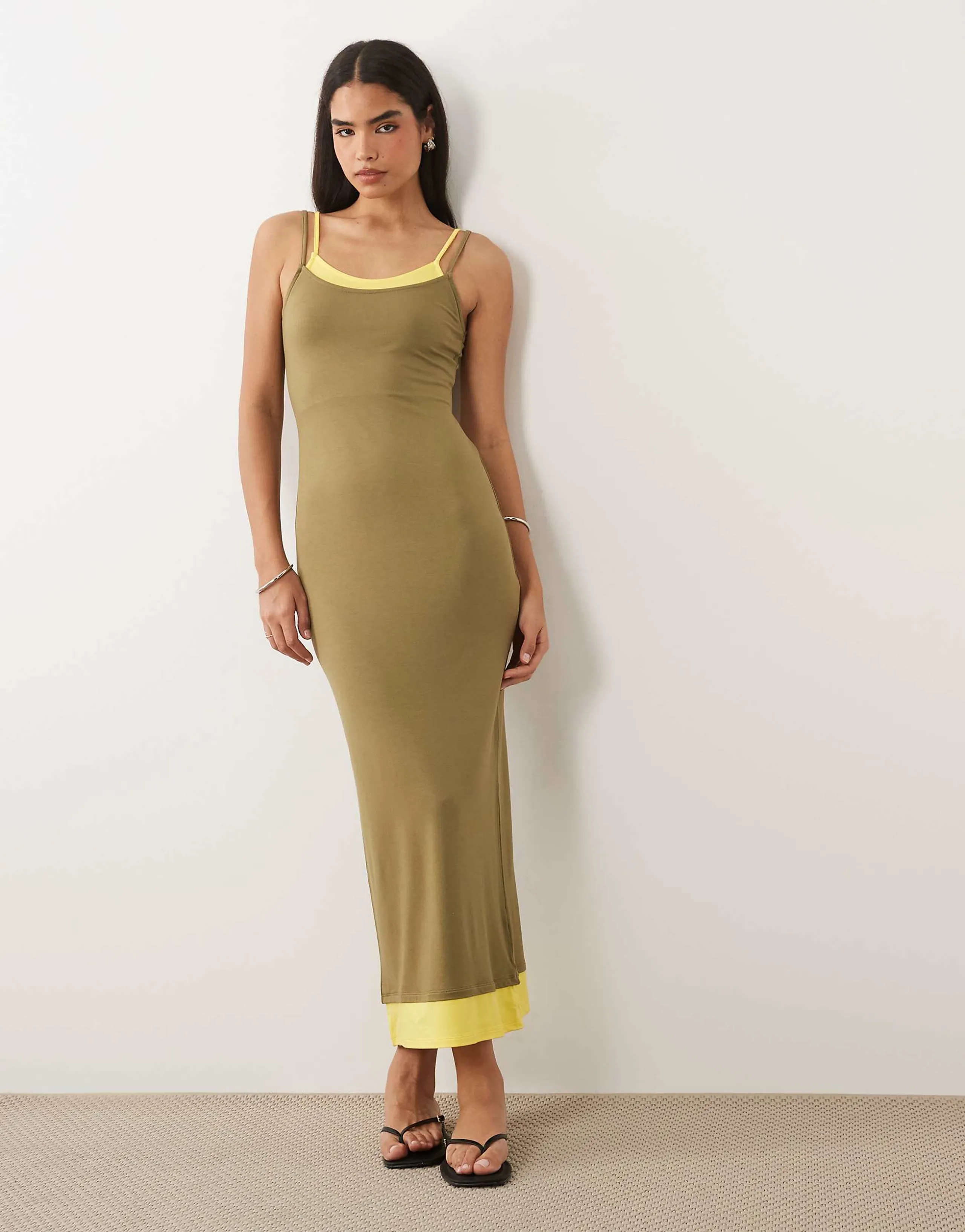 ASOS DESIGN double layer maxi dress in khaki and buttermilk
