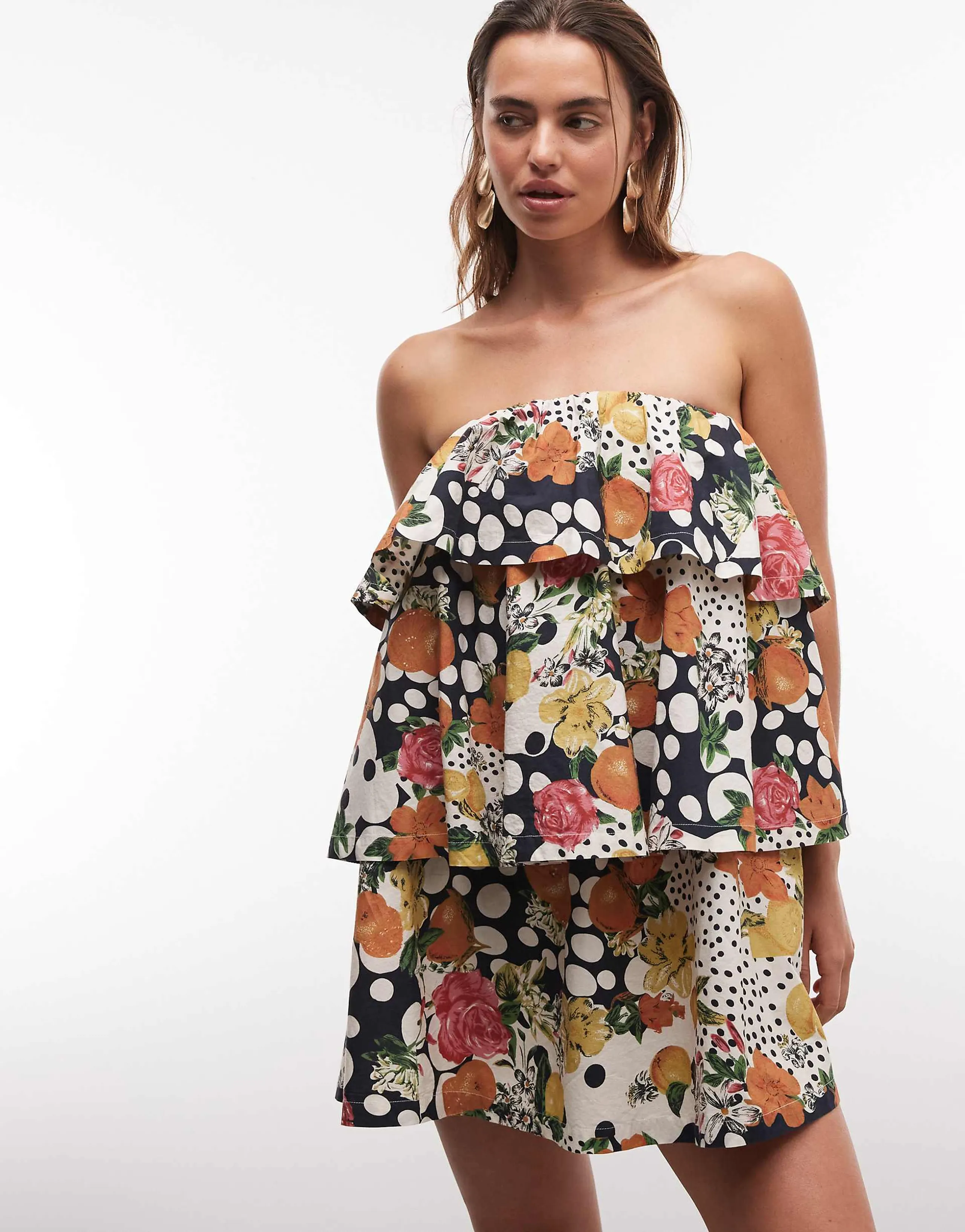 ASOS DESIGN mini bandeau dress with ruffle details in fruit print