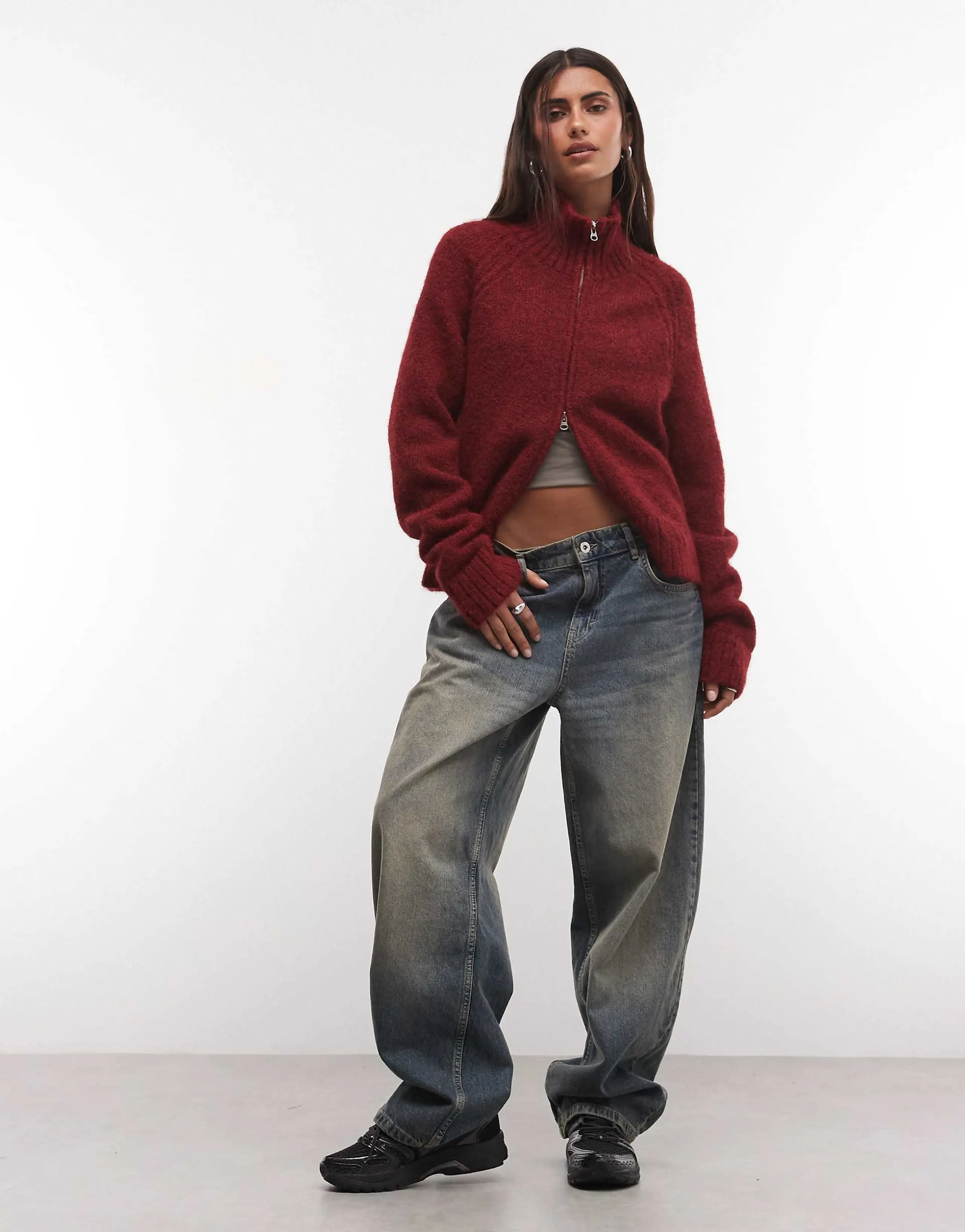 Weekday wool blend hairy knit zip up cardigan in dark red melange