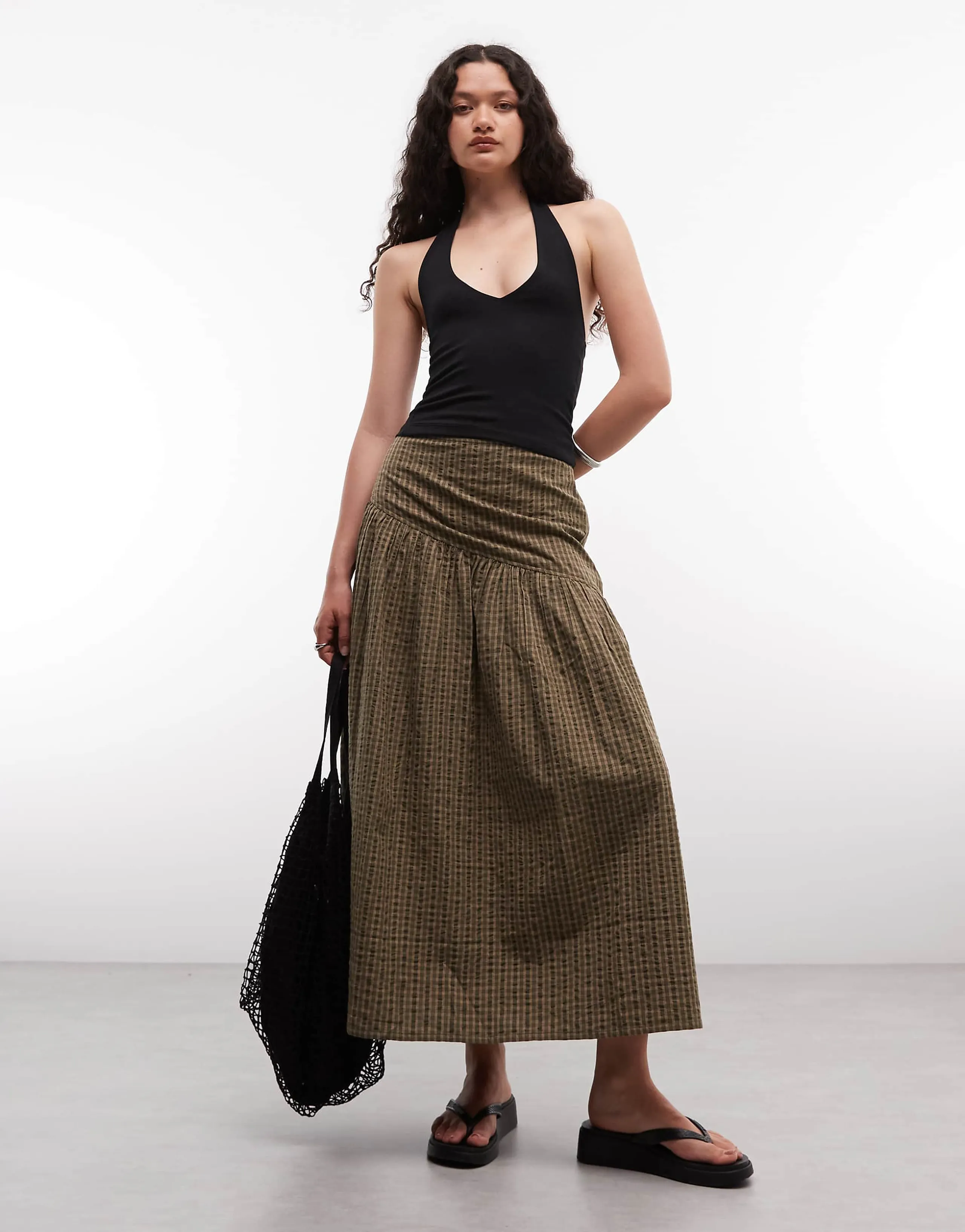 COLLUSION drop waist maxi skirt in green plaid
