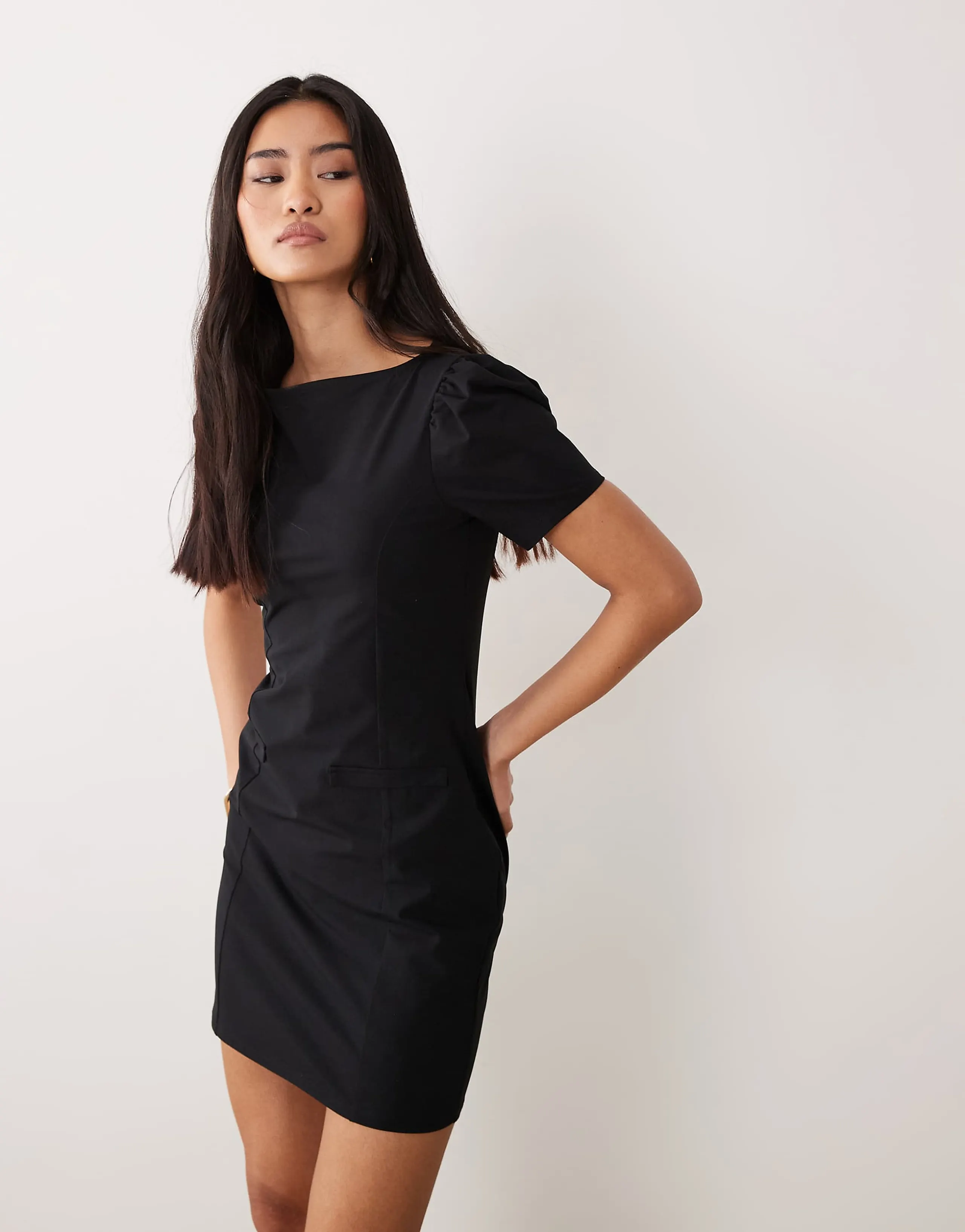 ASOS DESIGN puff sleeve with pocket detail mini dress in black