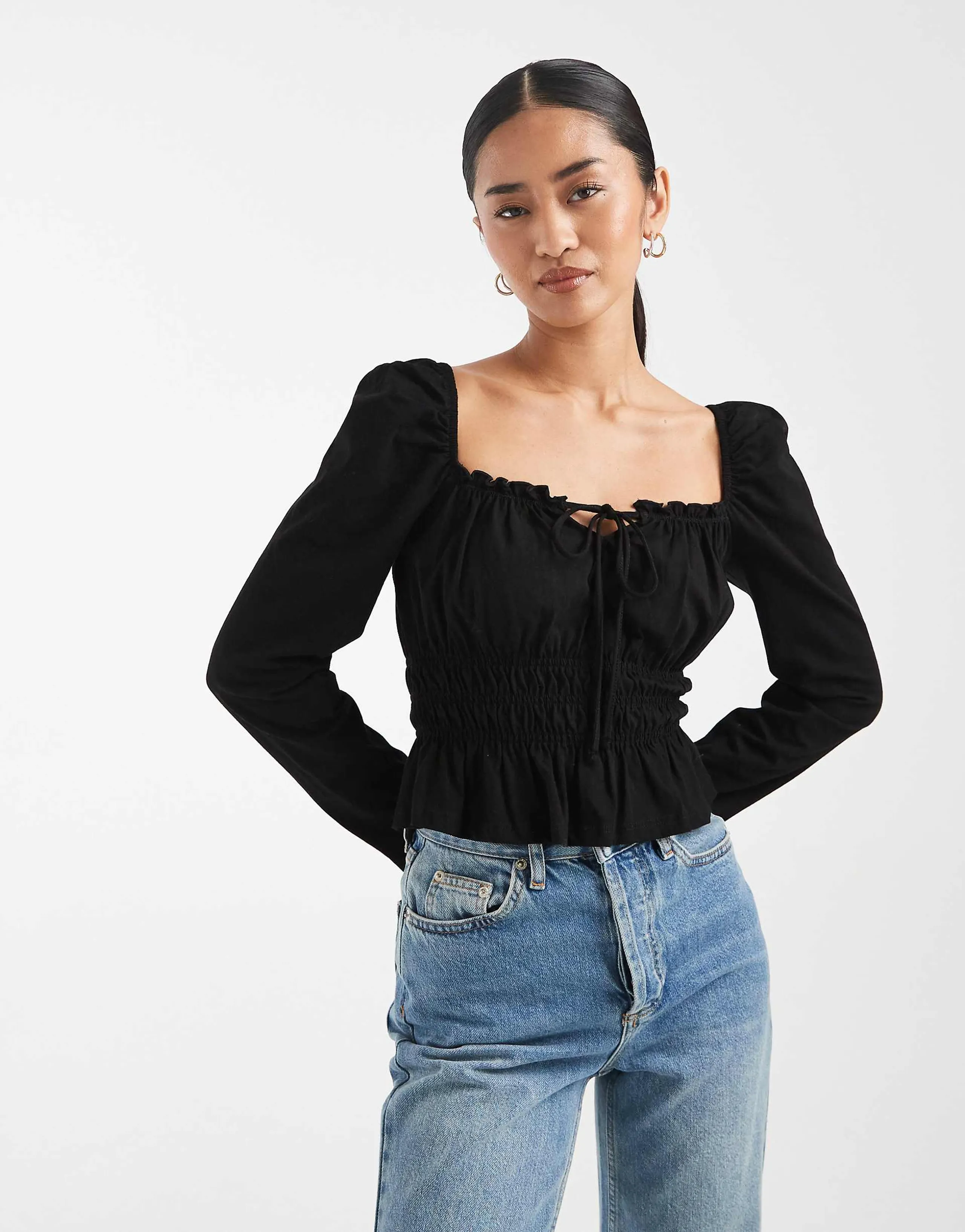 Miss Selfridge long sleeve milkmaid top in black