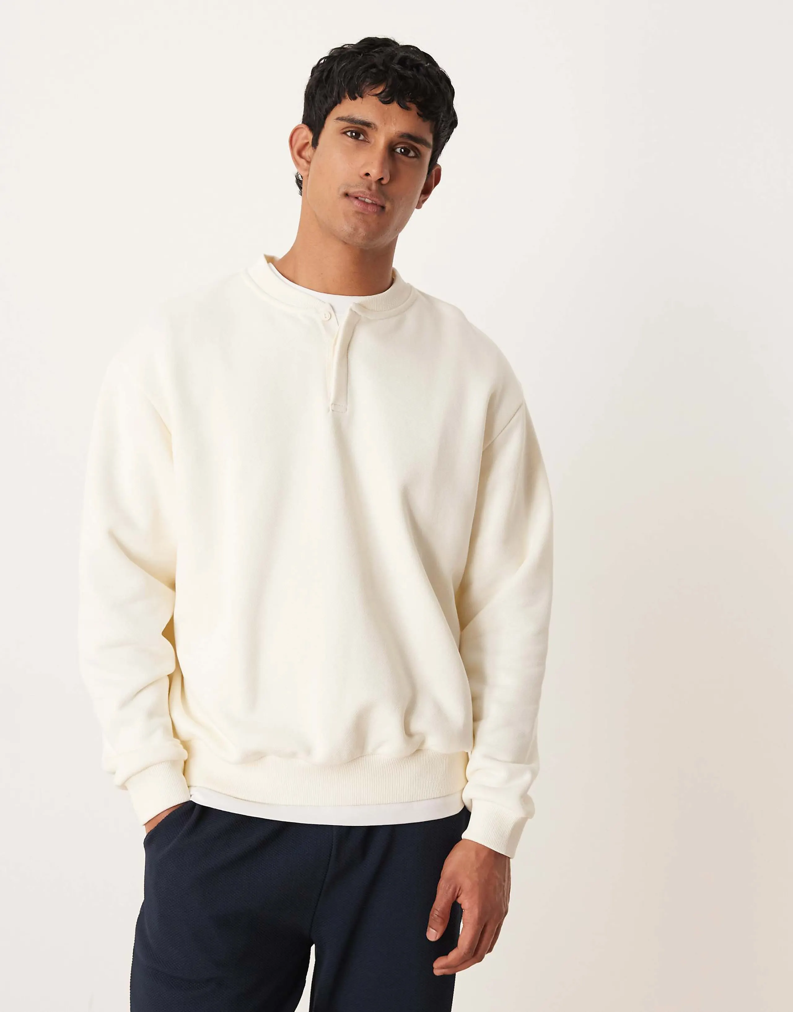 ASOS DESIGN oversized heavyweight henley sweatshirt in ecru