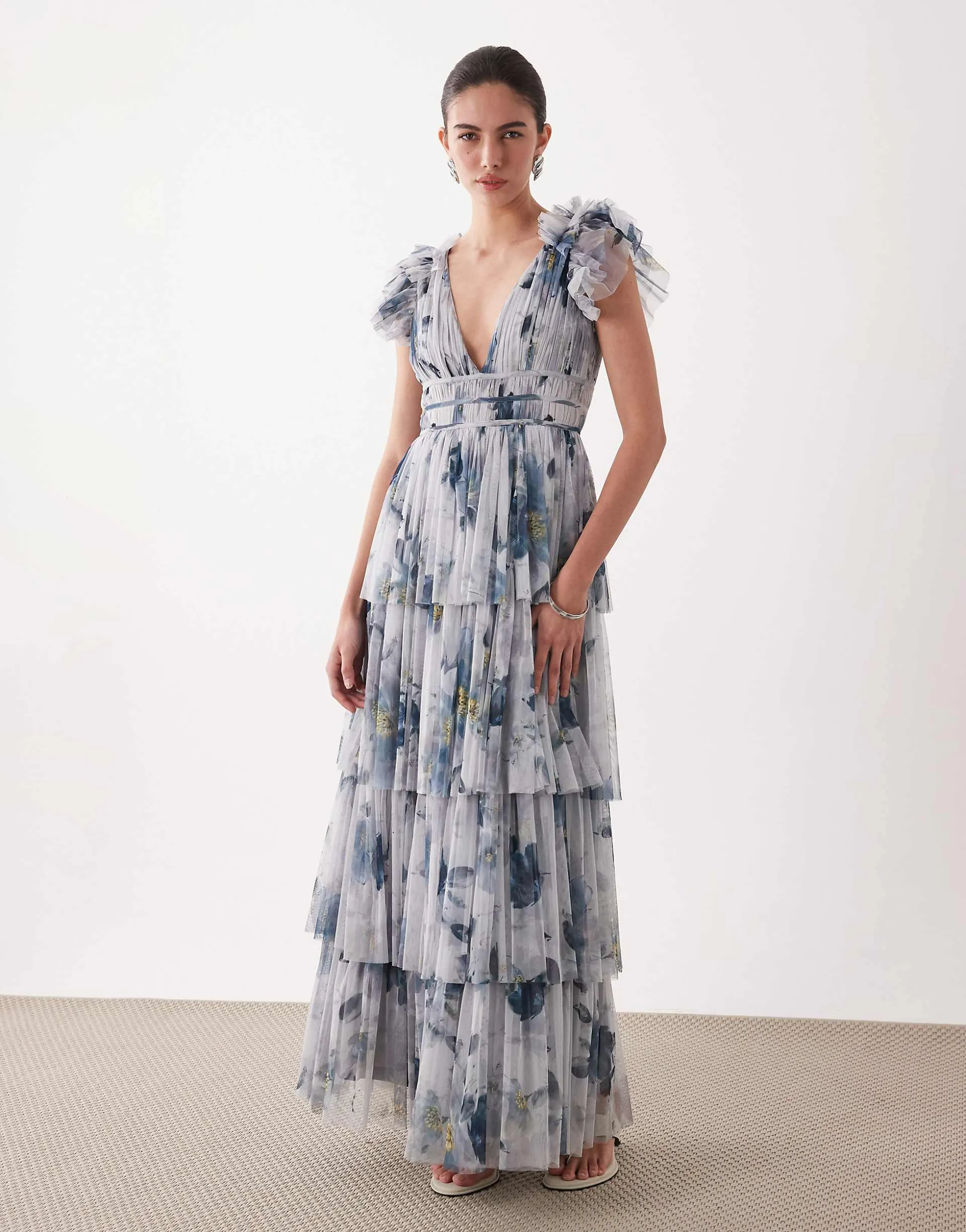 Lace & Beads ruffle shoulders tiered tulle maxi dress in gray floral print