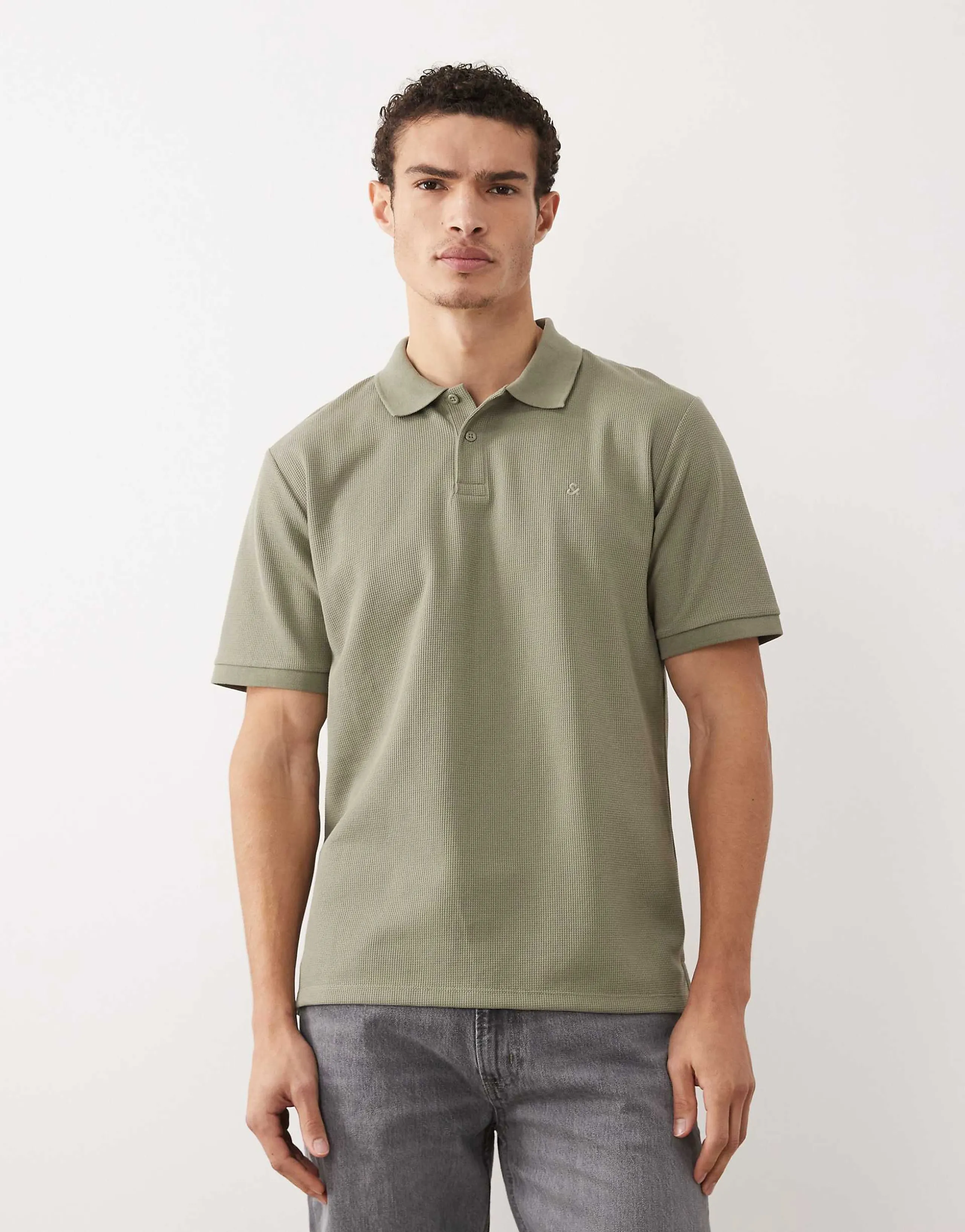 Jack & Jones waffle knit polo shirt in khaki green