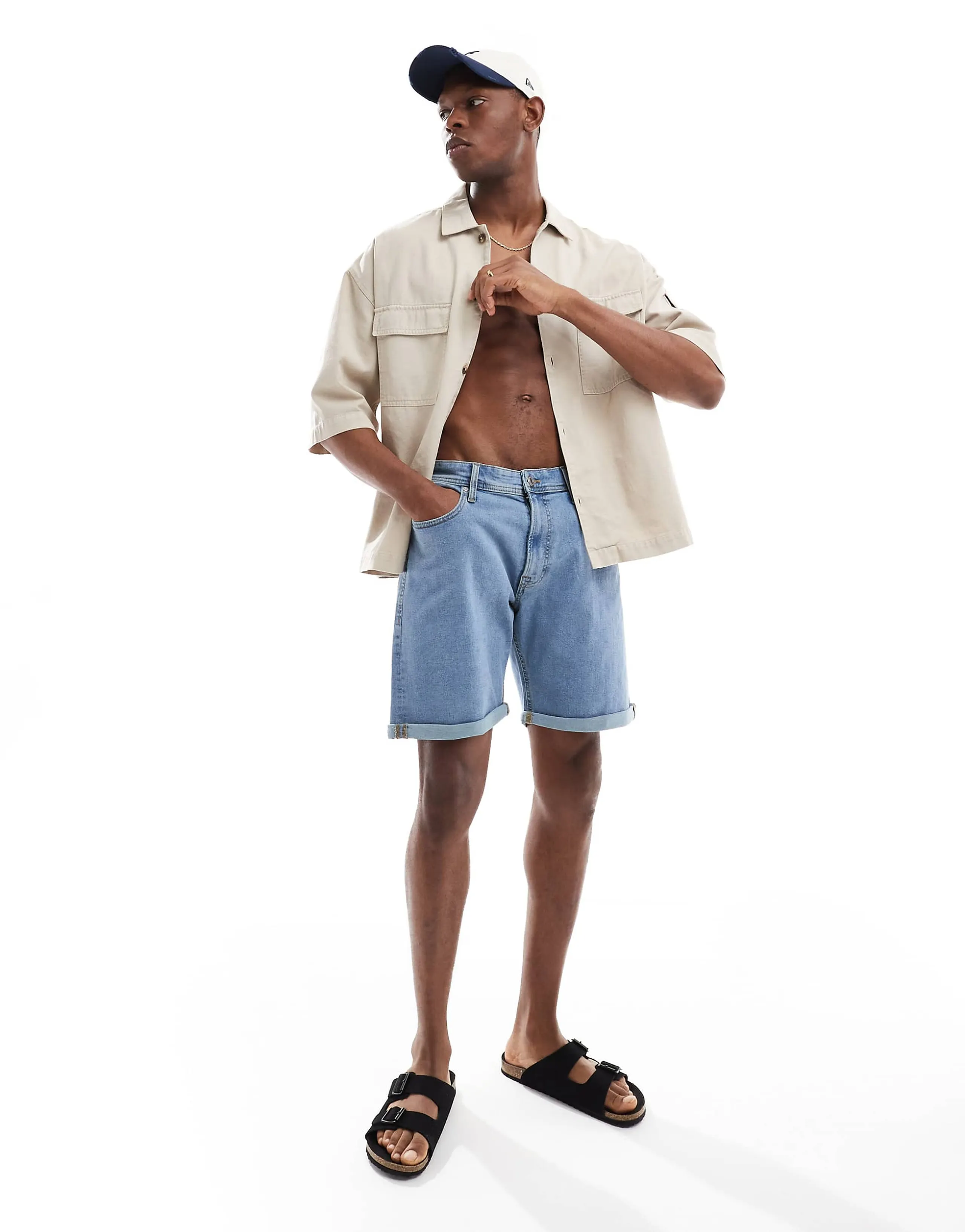 JJ Rebel cuffed denim shorts in light blue denim 