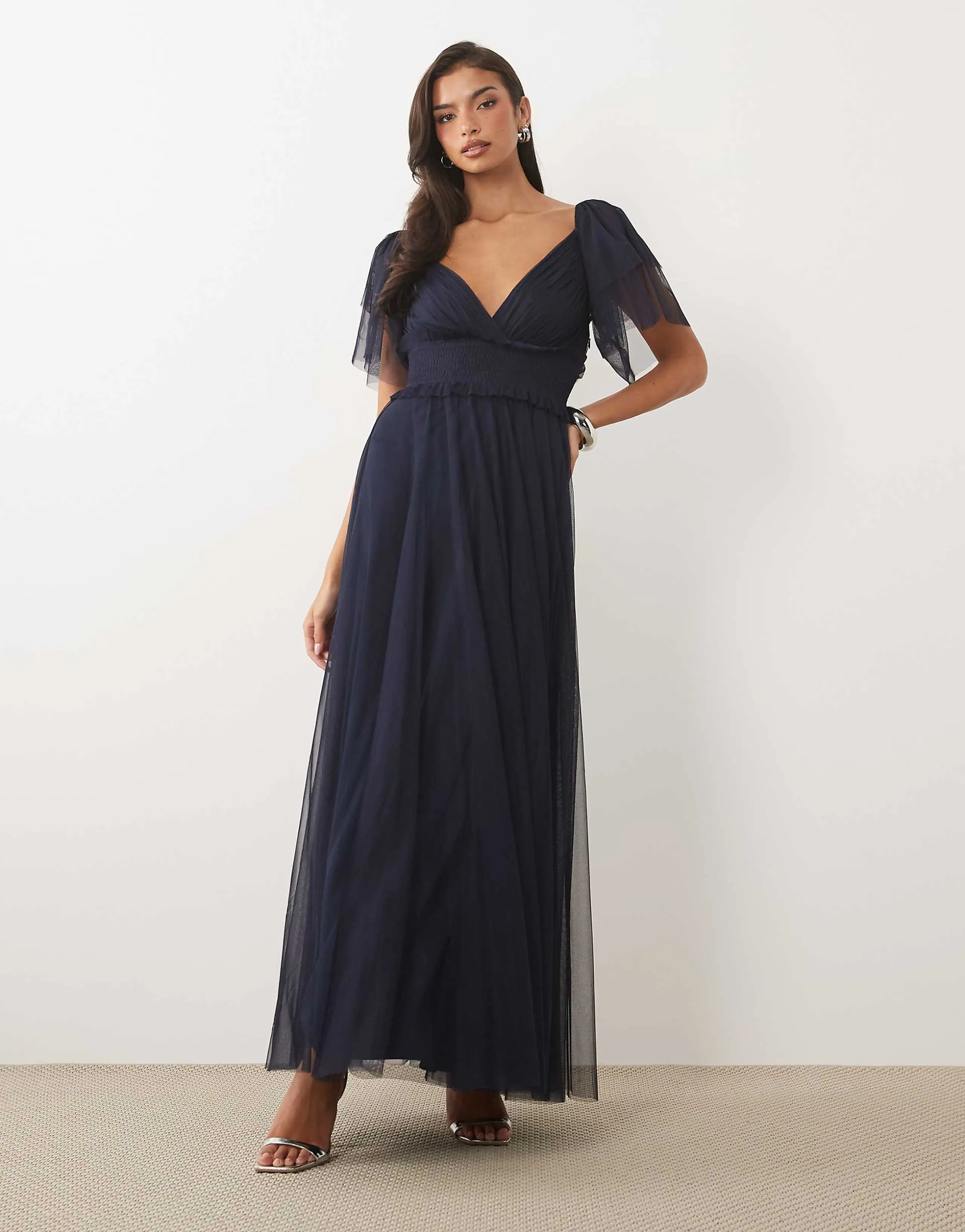 Lace & Beads Bridesmaid shirred waist v neck mesh flutter sleeve maxi dress in navy