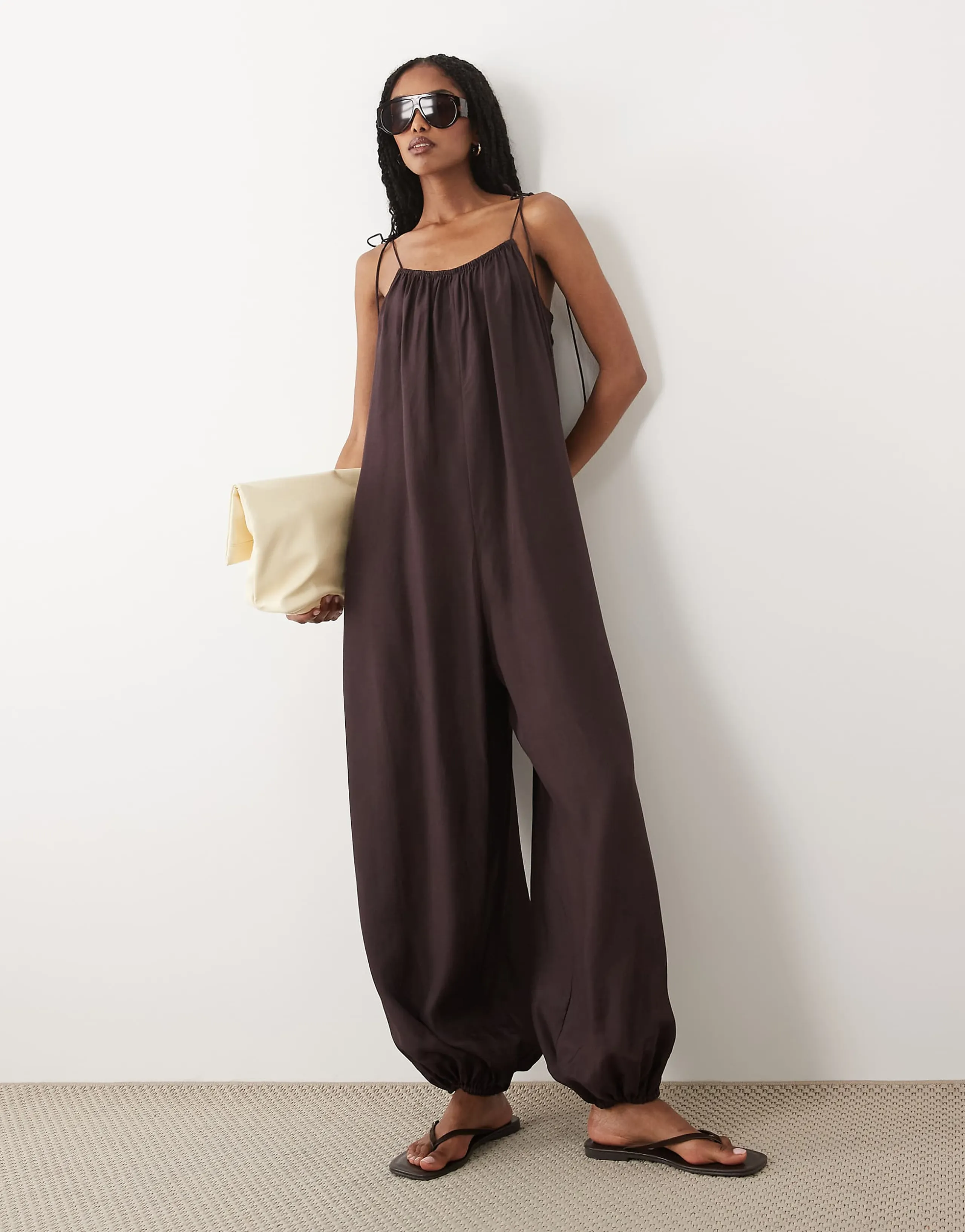 ARKET balloon leg beach jumpsuit in chocolate brown