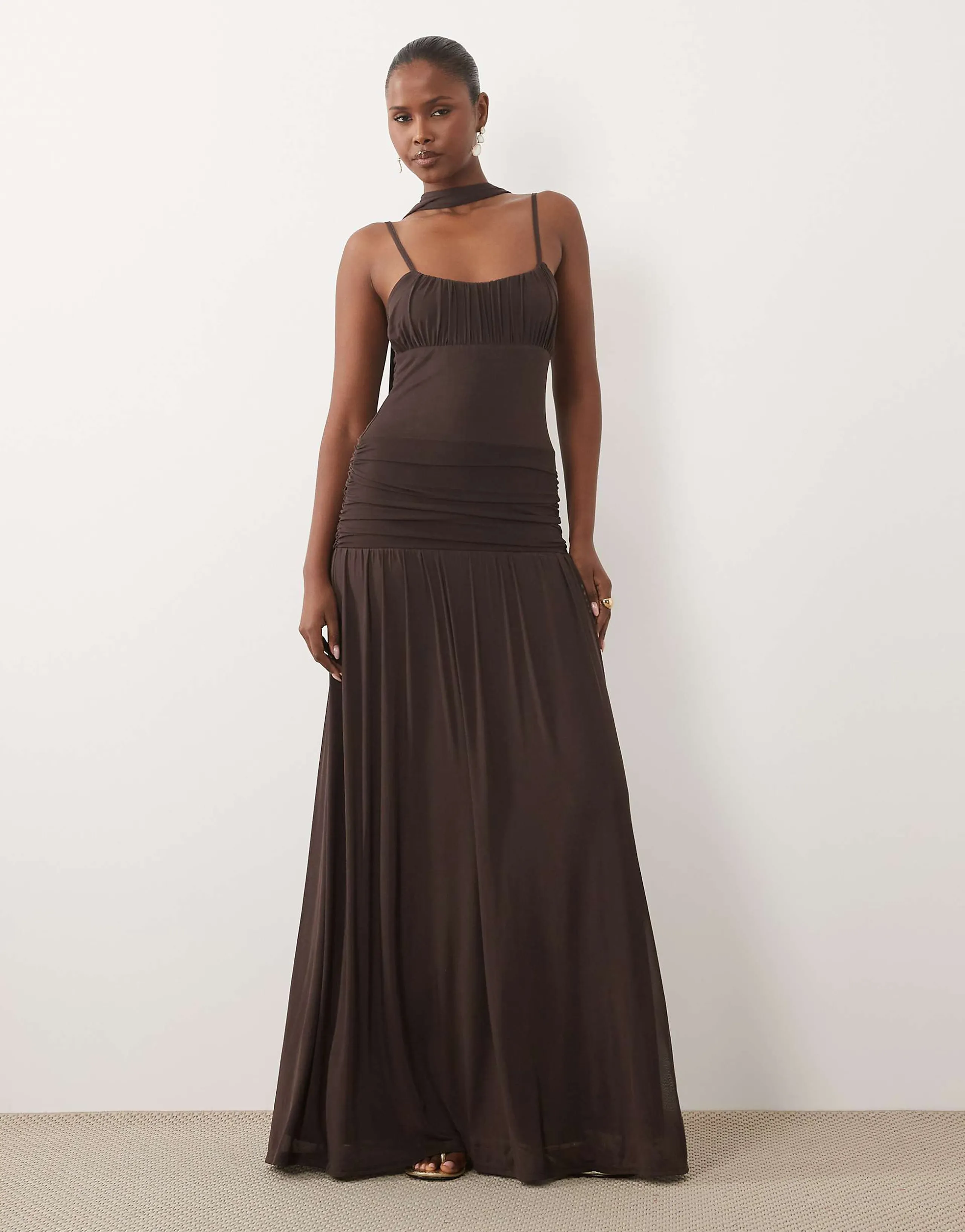 ASOS DESIGN ruched bust mesh maxi dress with scarf detail in chocolate