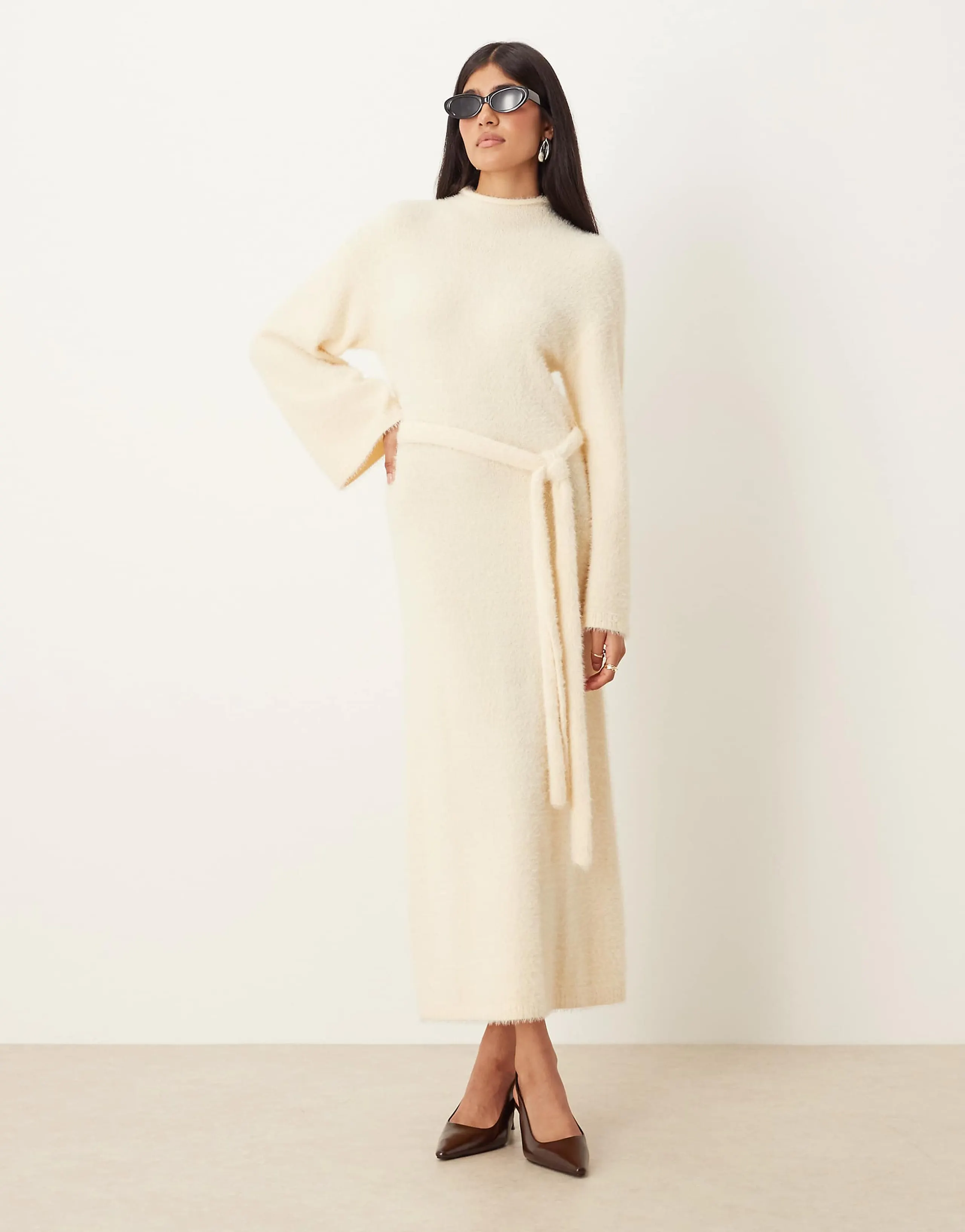 Pretty Lavish fluffy tie waist knit midaxi sweater dress in cream