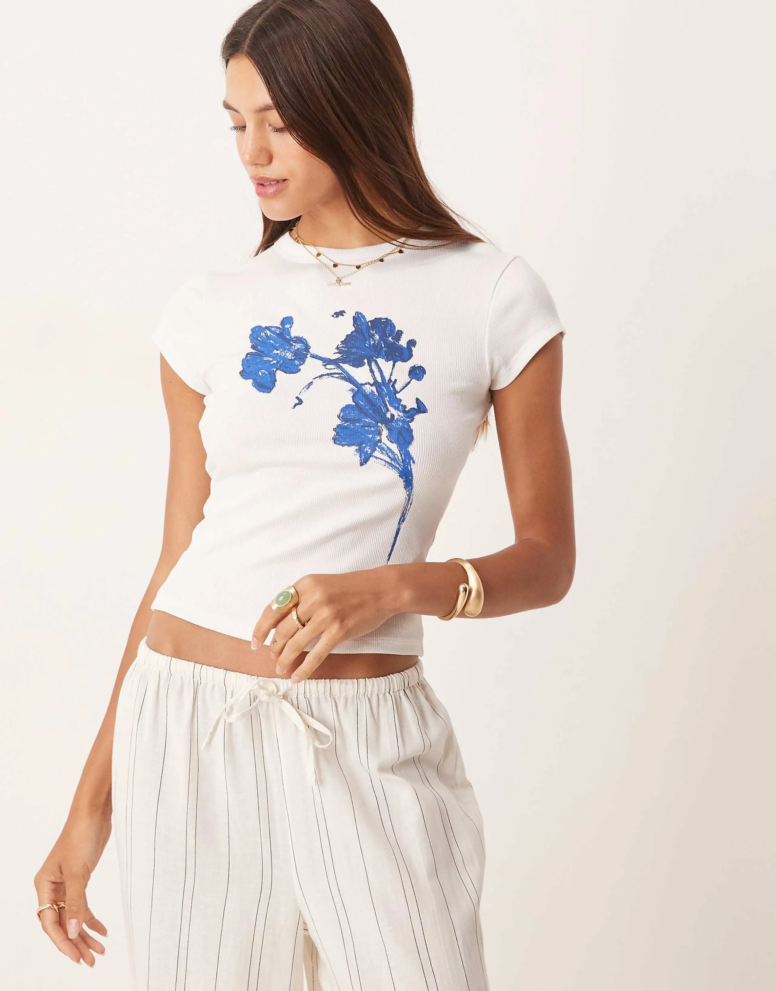 ASOS DESIGN baby tee with blue floral graphic in white