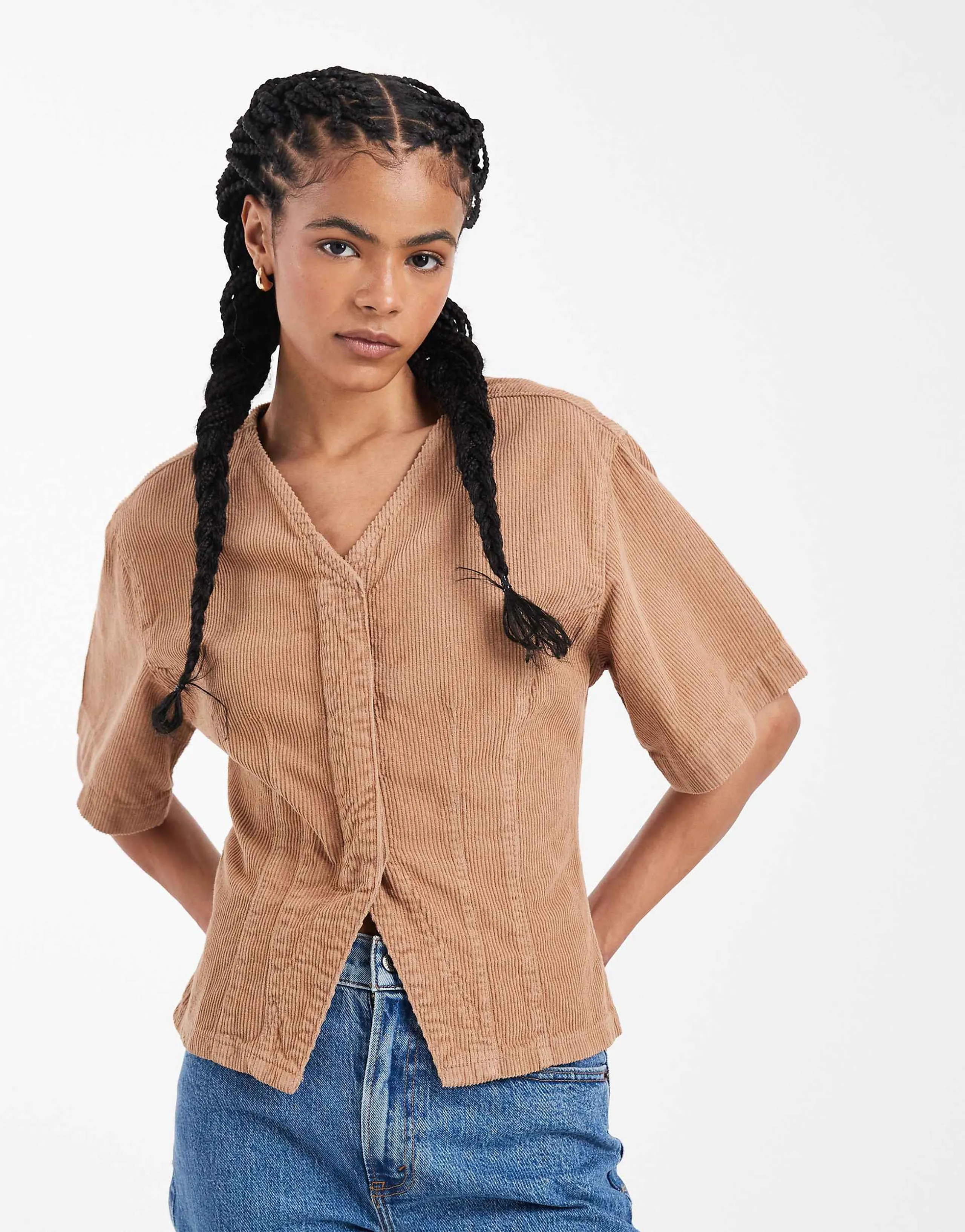 ASOS DESIGN cord high V-neck top in stone