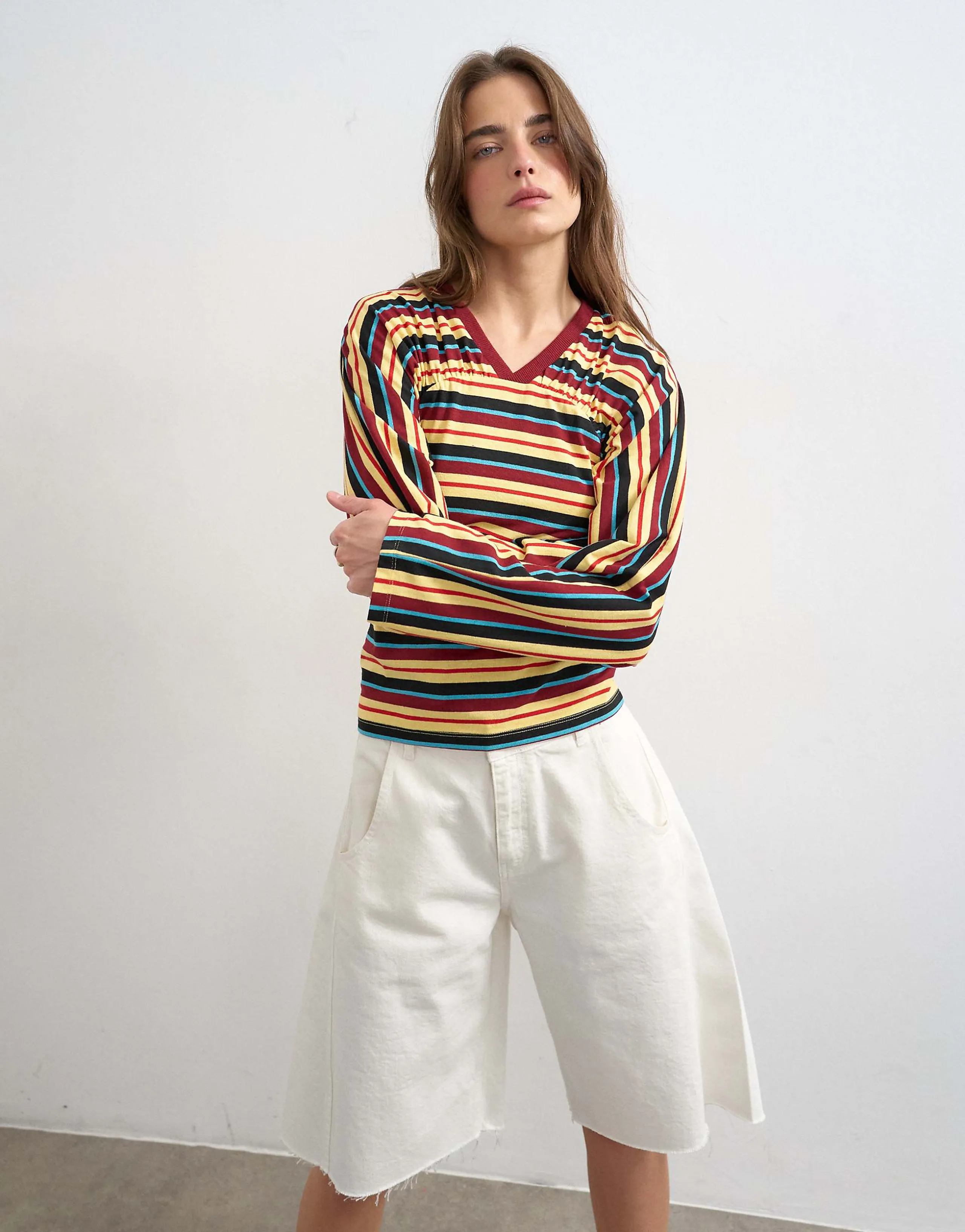 Topshop striped gathered yoke seam long sleeve top in yellow