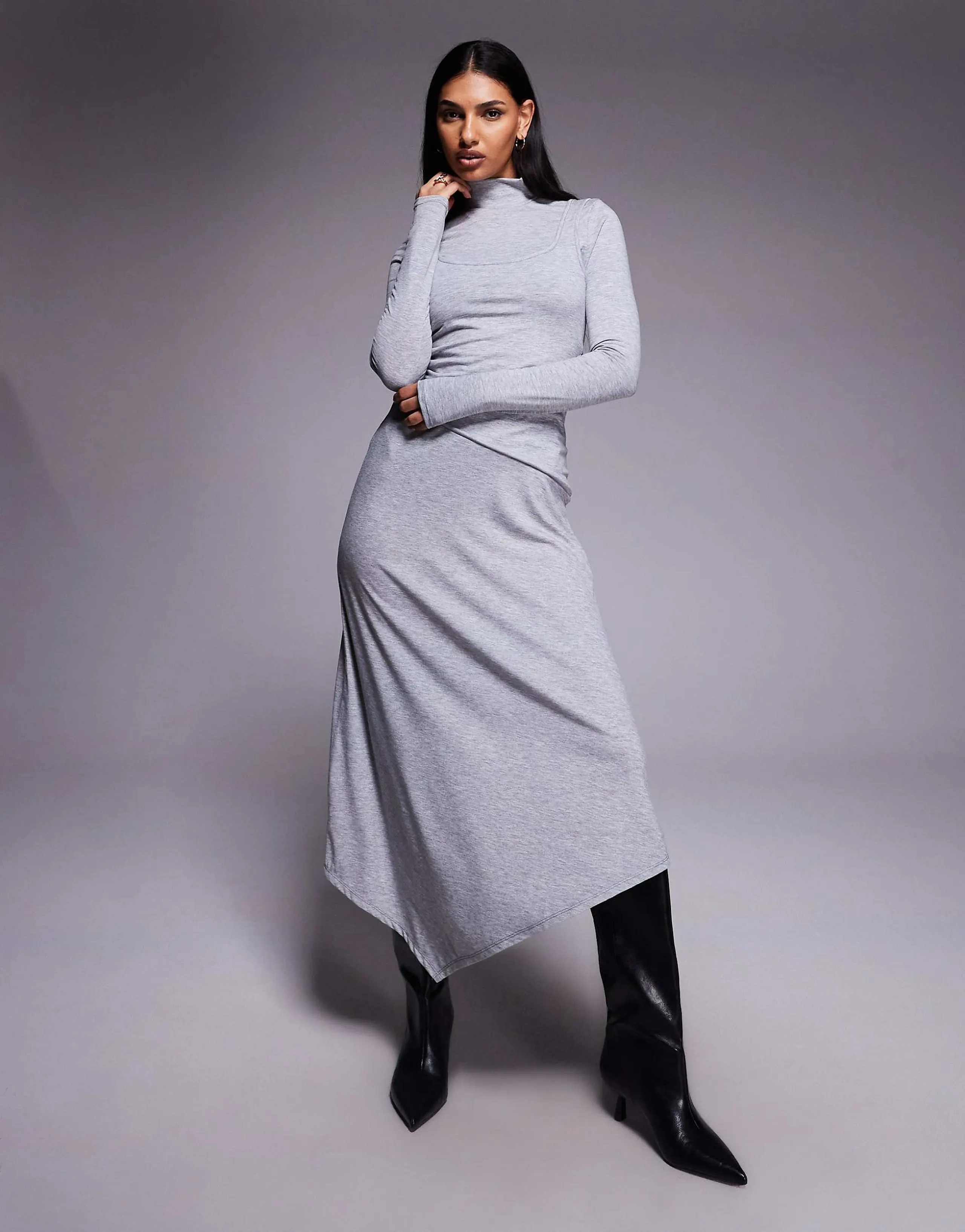 ASOS DESIGN long sleeve double layer handkerchief hem midi dress in heather gray