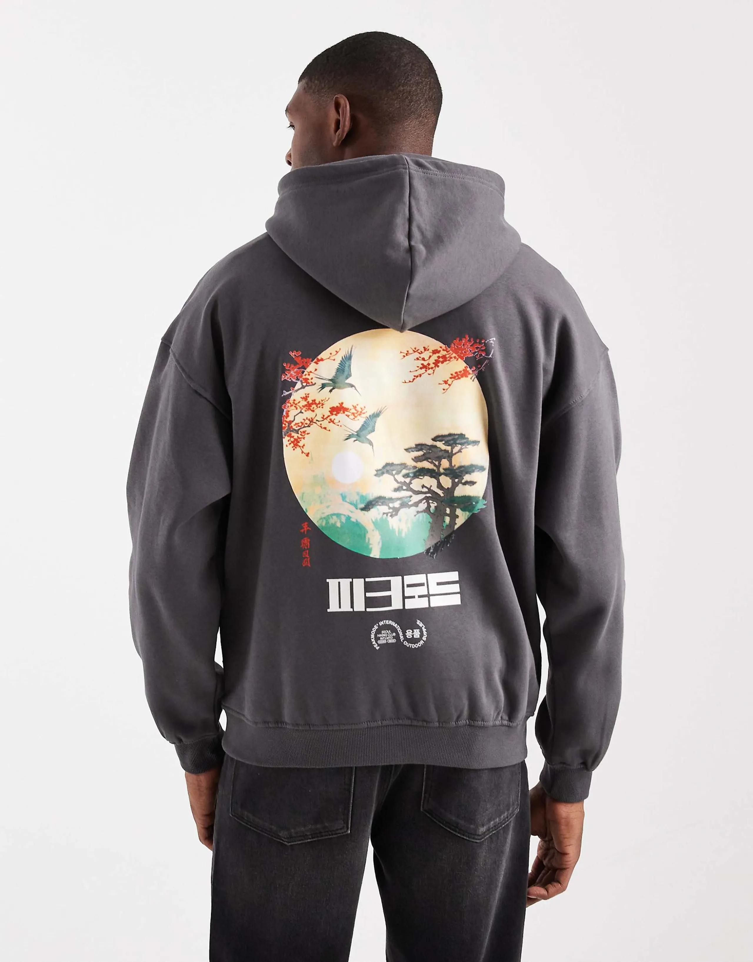 ONLY & SONS vintage fit hoodie with scene back print in charcoal