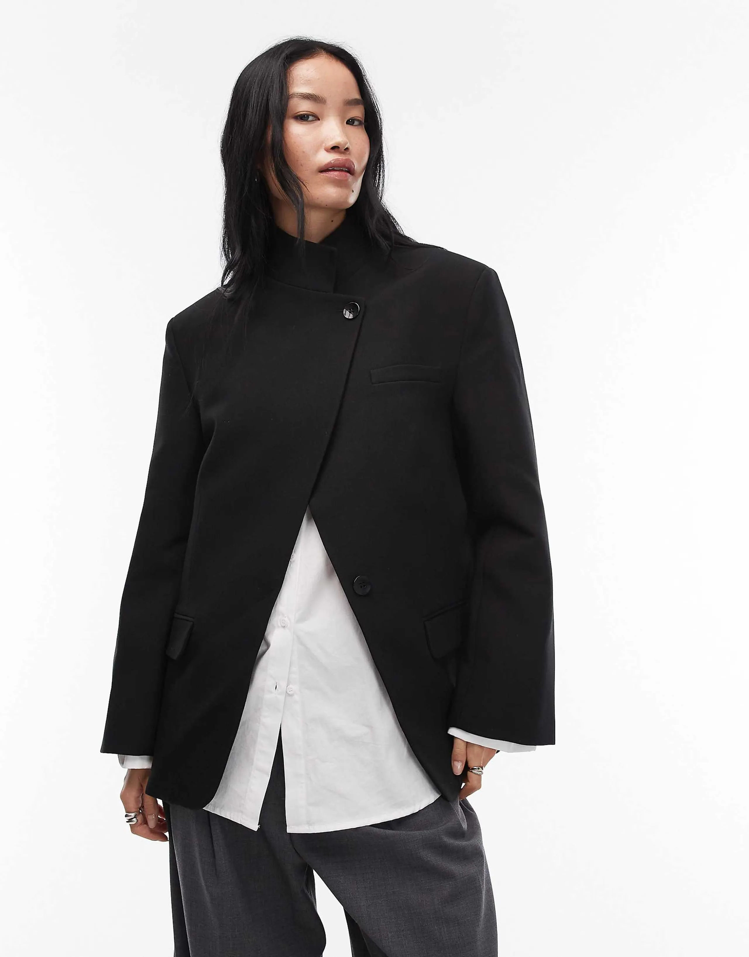 ASOS DESIGN funnel neck wrap blazer in black