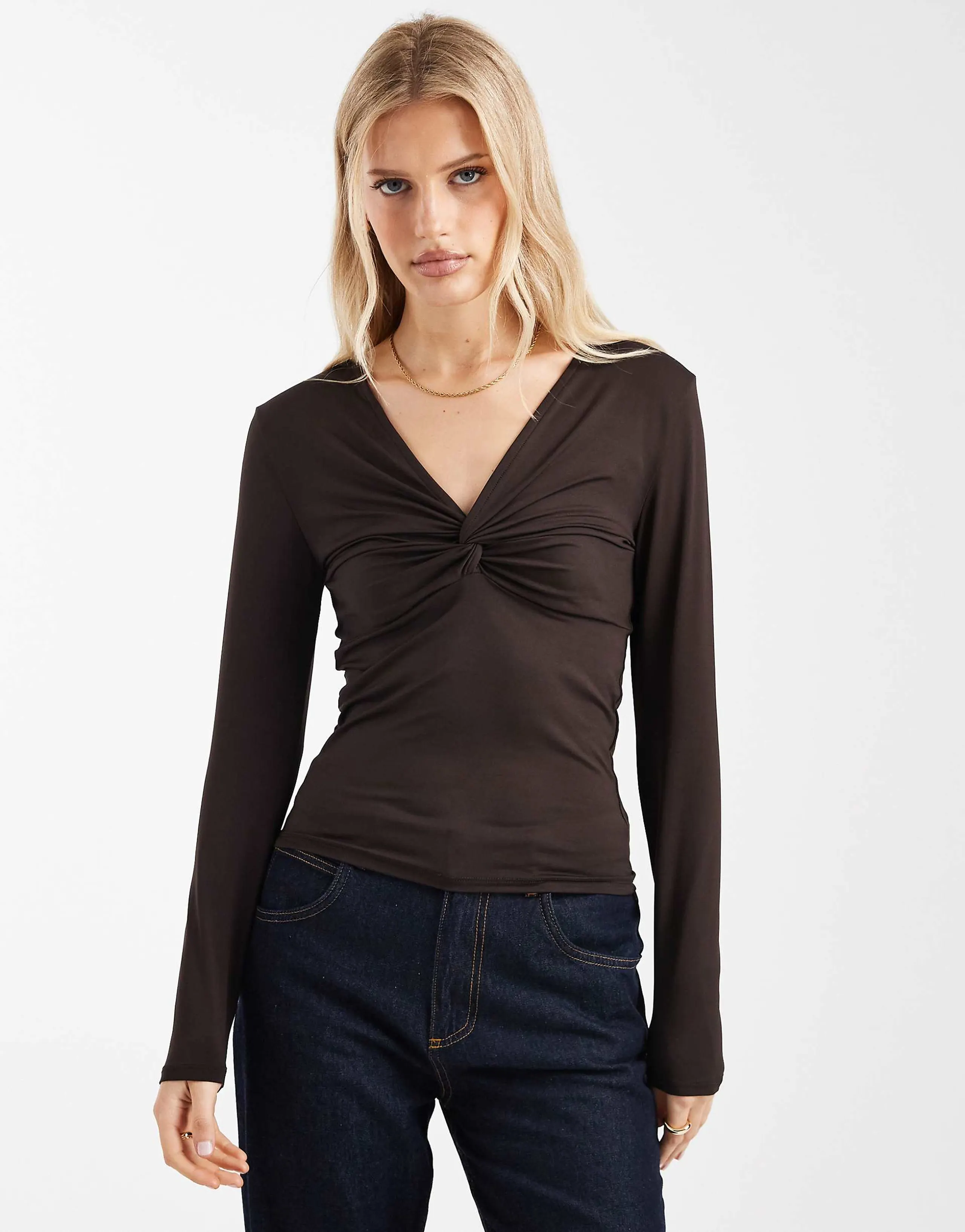 ONLY ruched detail long sleeve top in chocolate brown