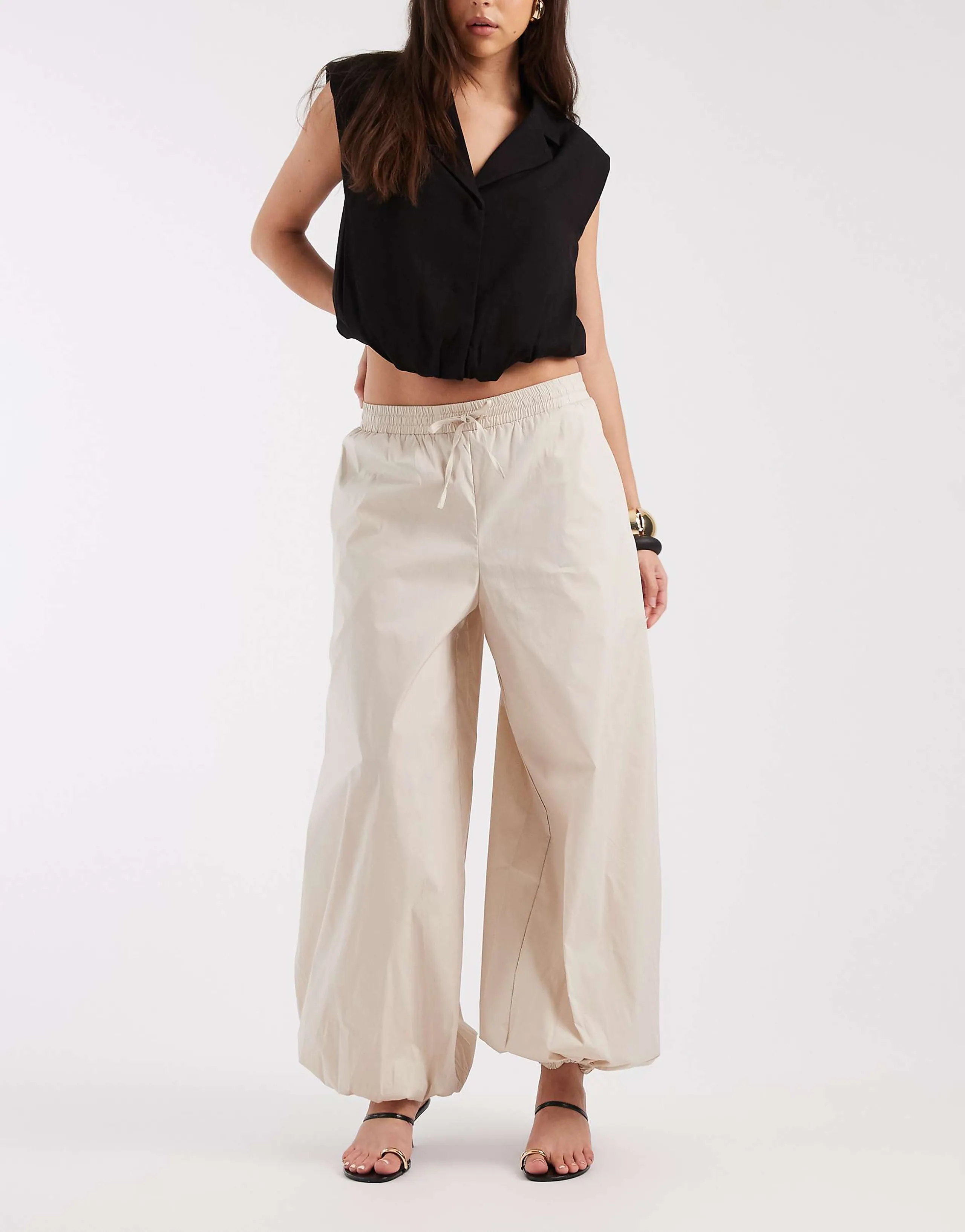 Object poplin balloon tie waist pants in cream