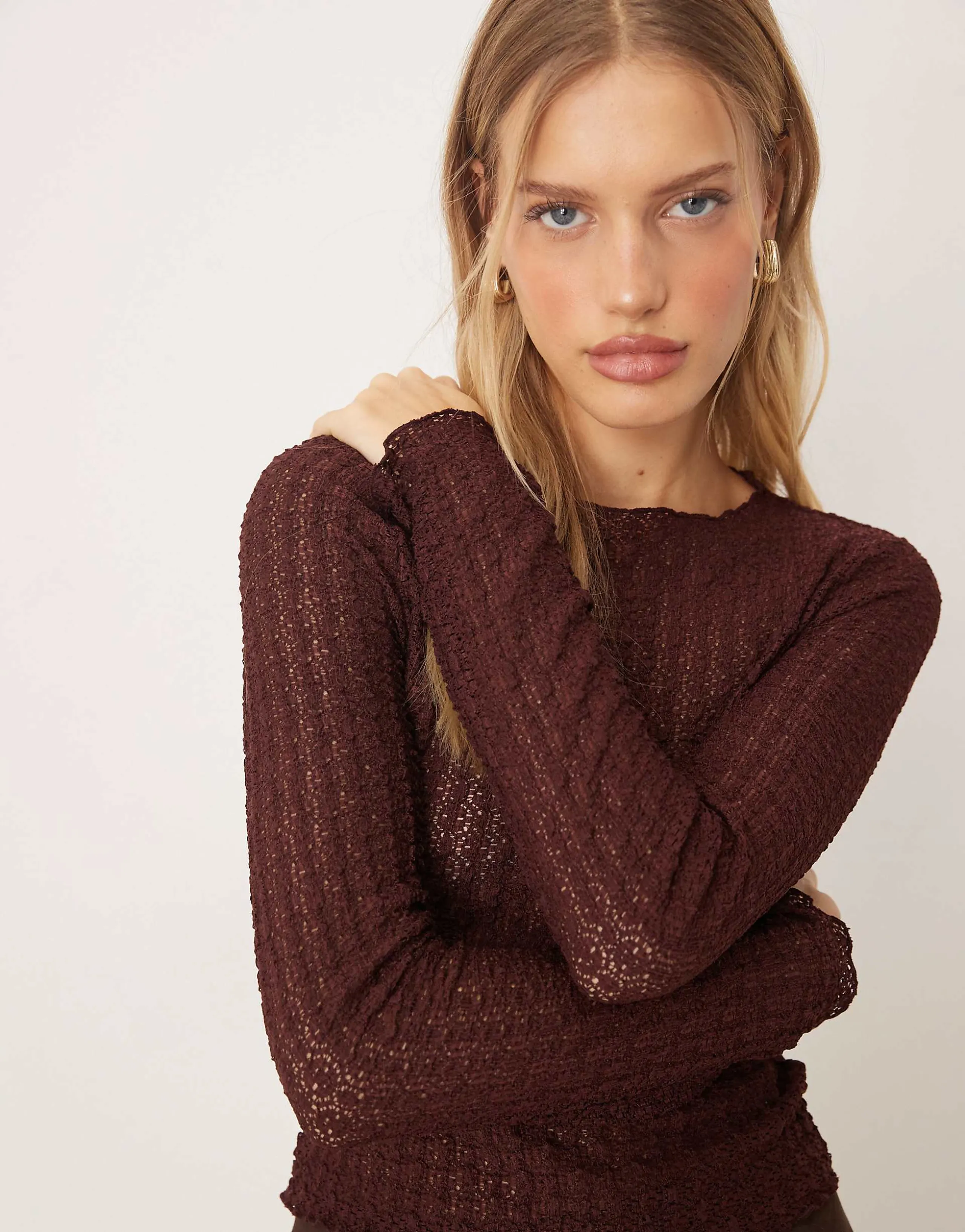 AWARE textured jersey long sleeve t-shirt with lettuce edges in chocolate brown