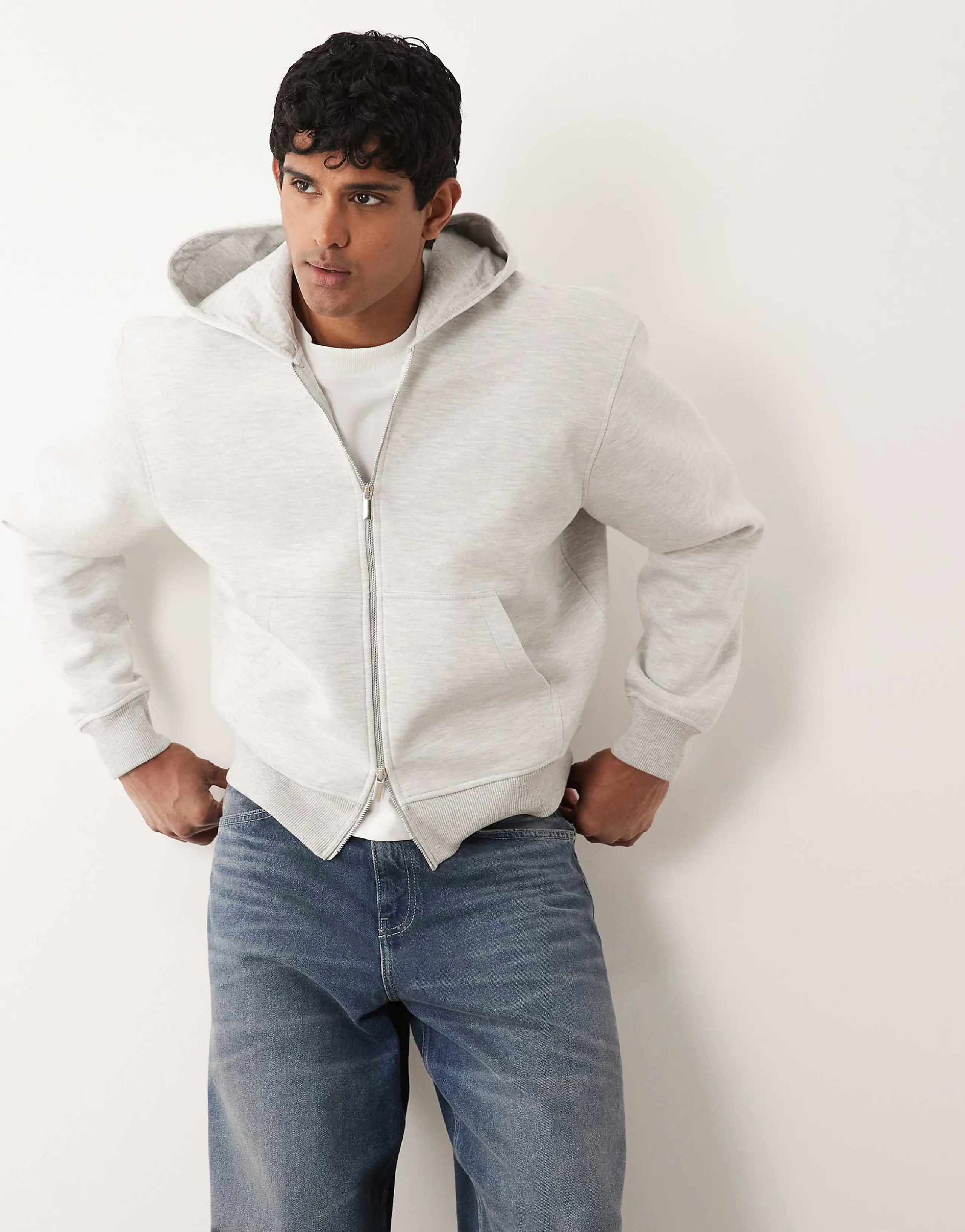ASOS DESIGN heavyweight relaxed boxy zip up in scuba-style fabric in ice heather