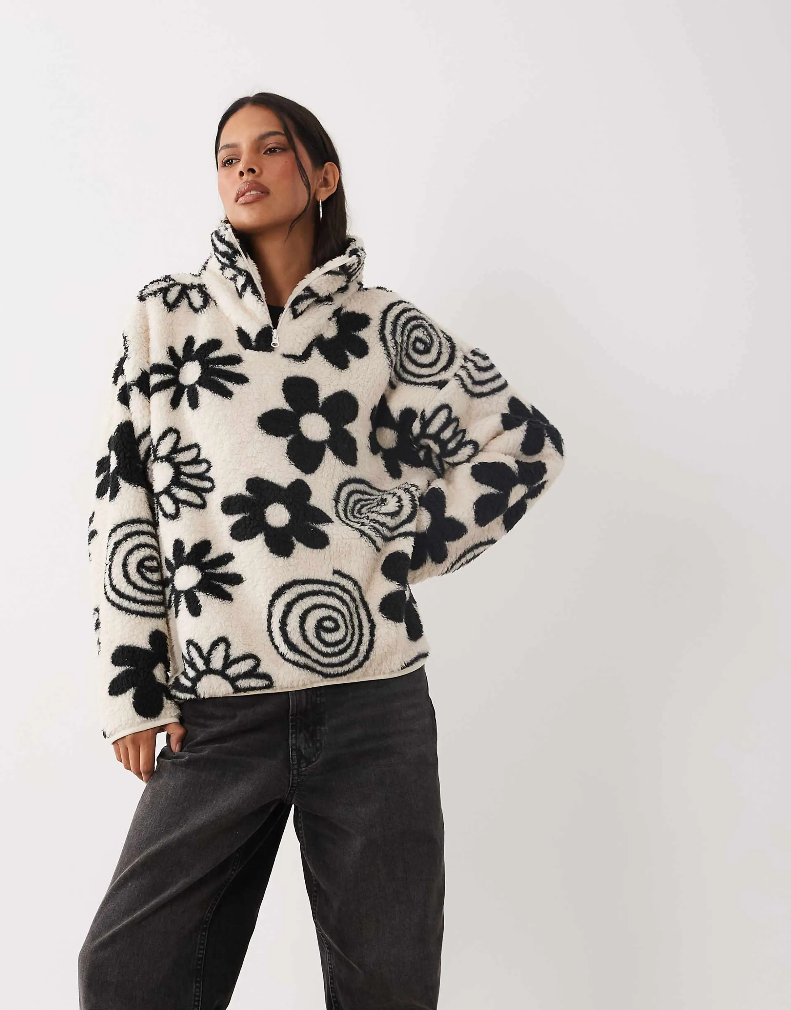 Brave Soul 1/4 zip fleece with floral print in cream and black