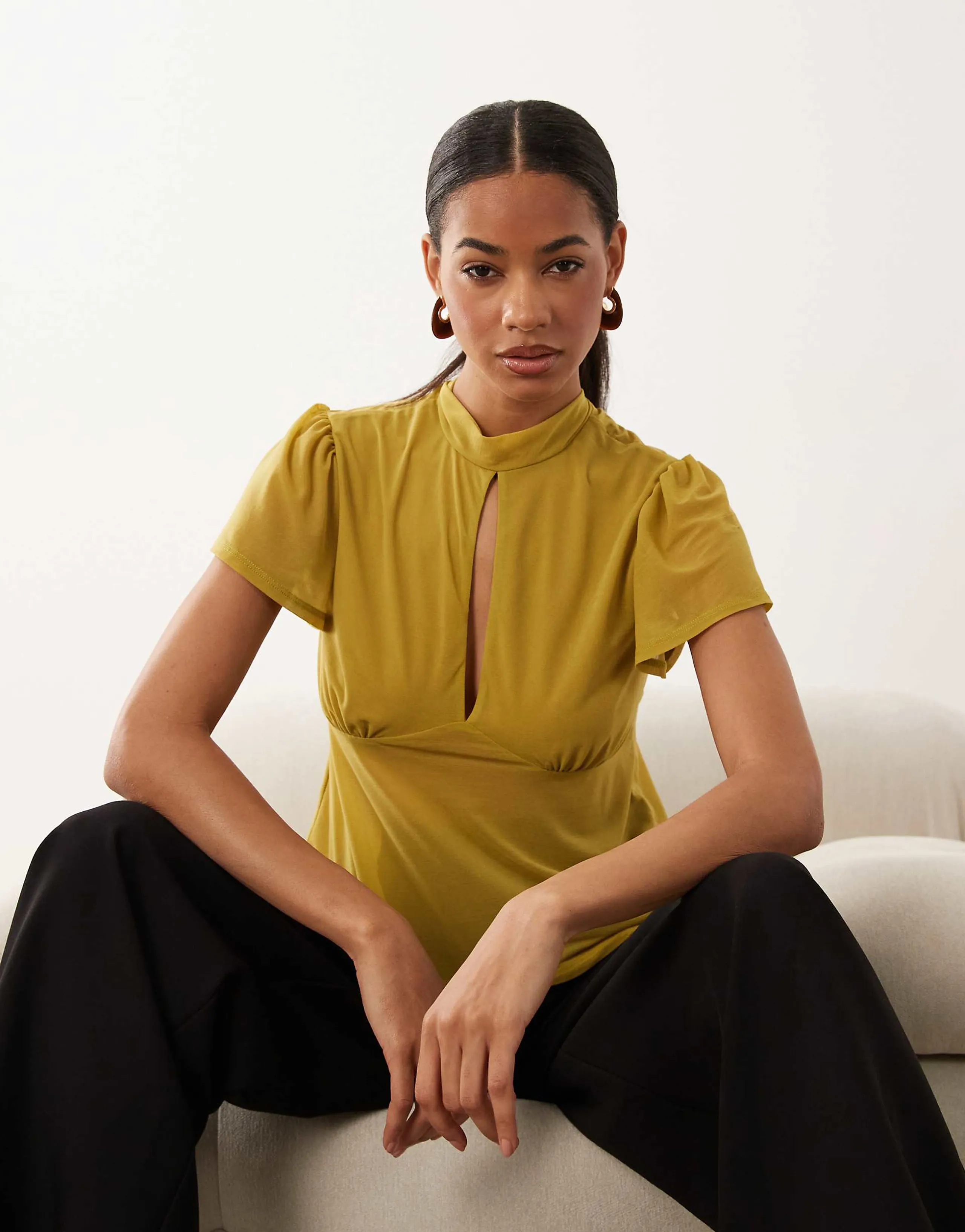 ASOS DESIGN short sleeve top with keyhole detail in olive