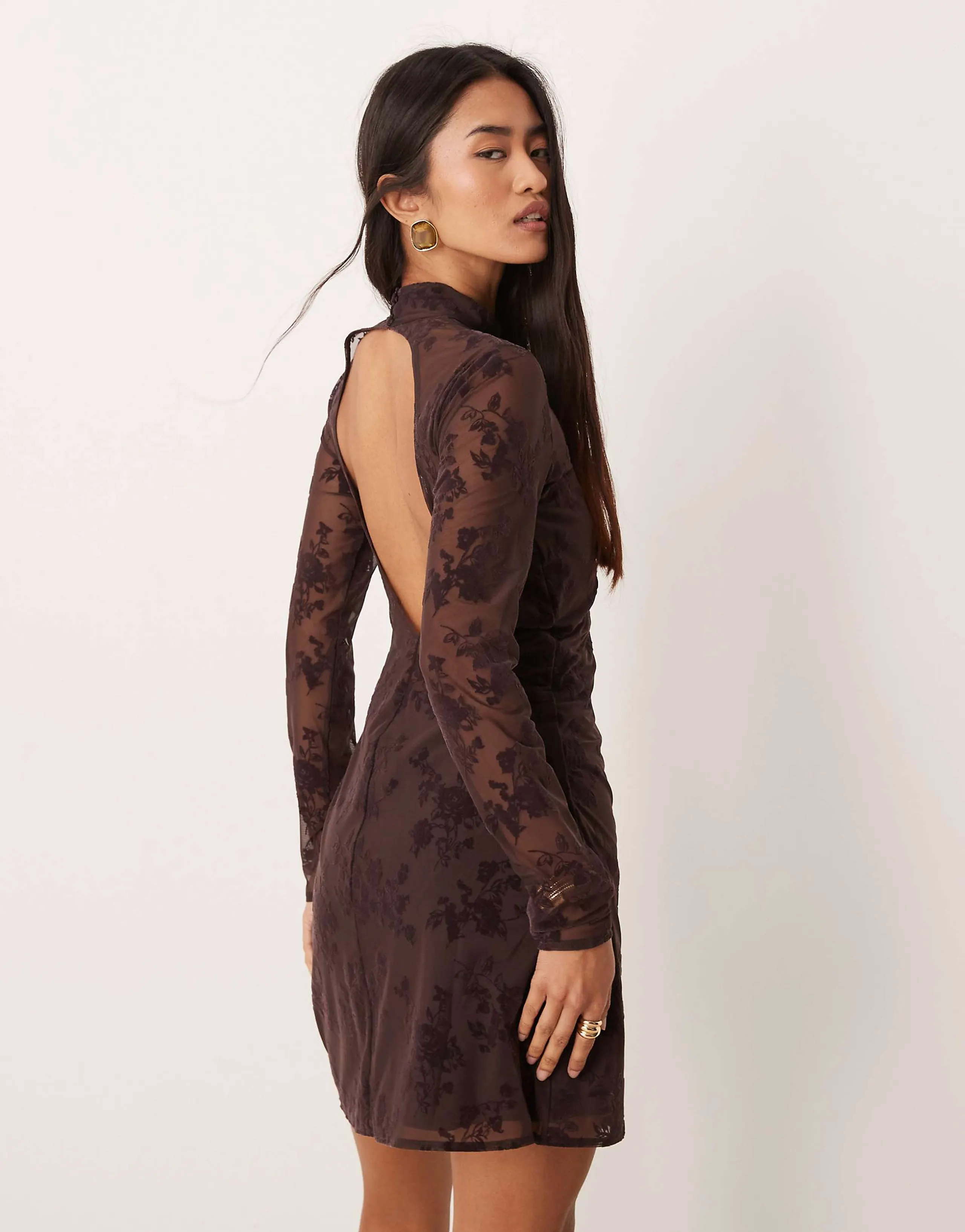 Abercrombie & Fitch high neck open back mini dress with bra insert in brown floral