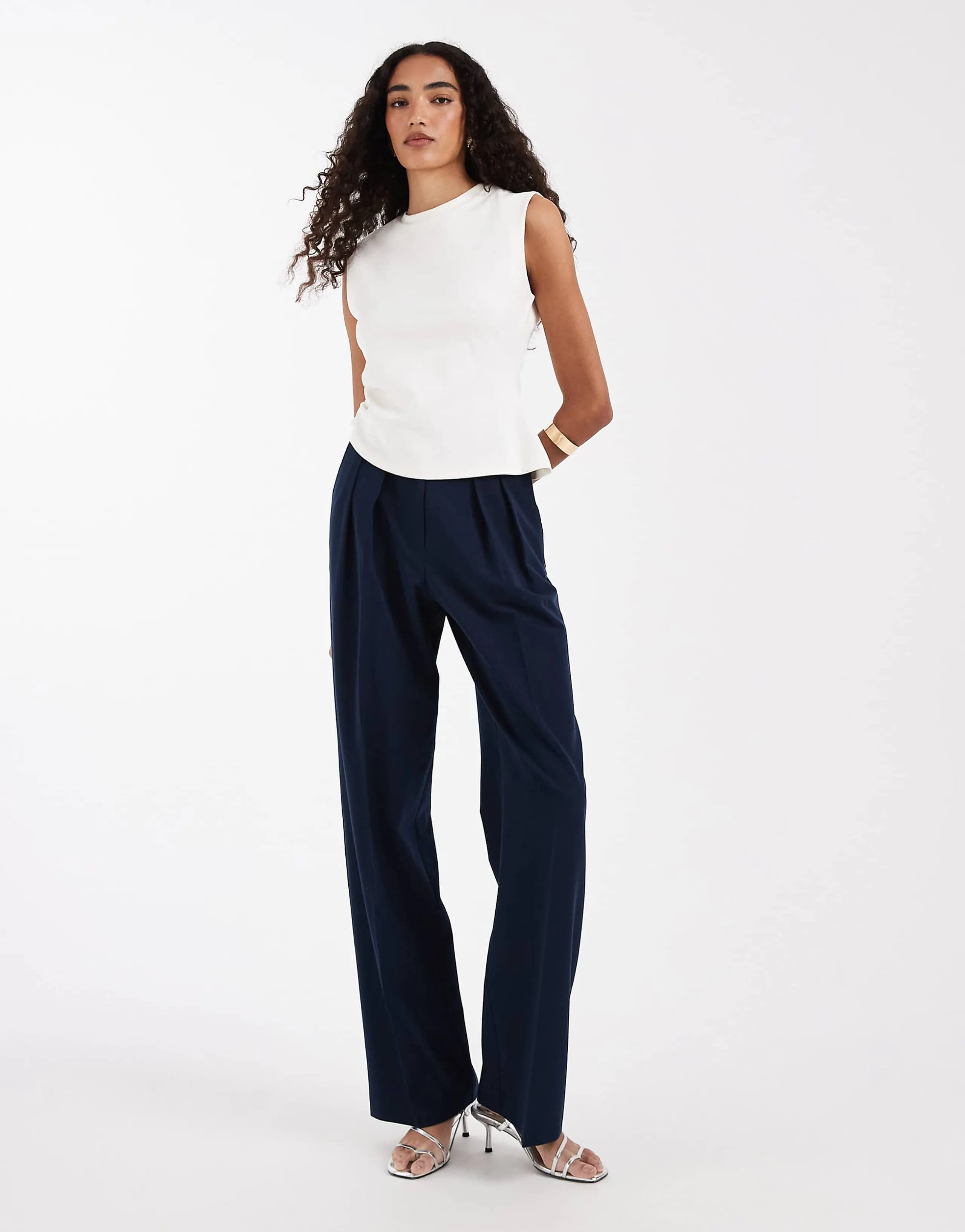 ASOS DESIGN Tall tailored wide leg pants with pleat detail in navy
