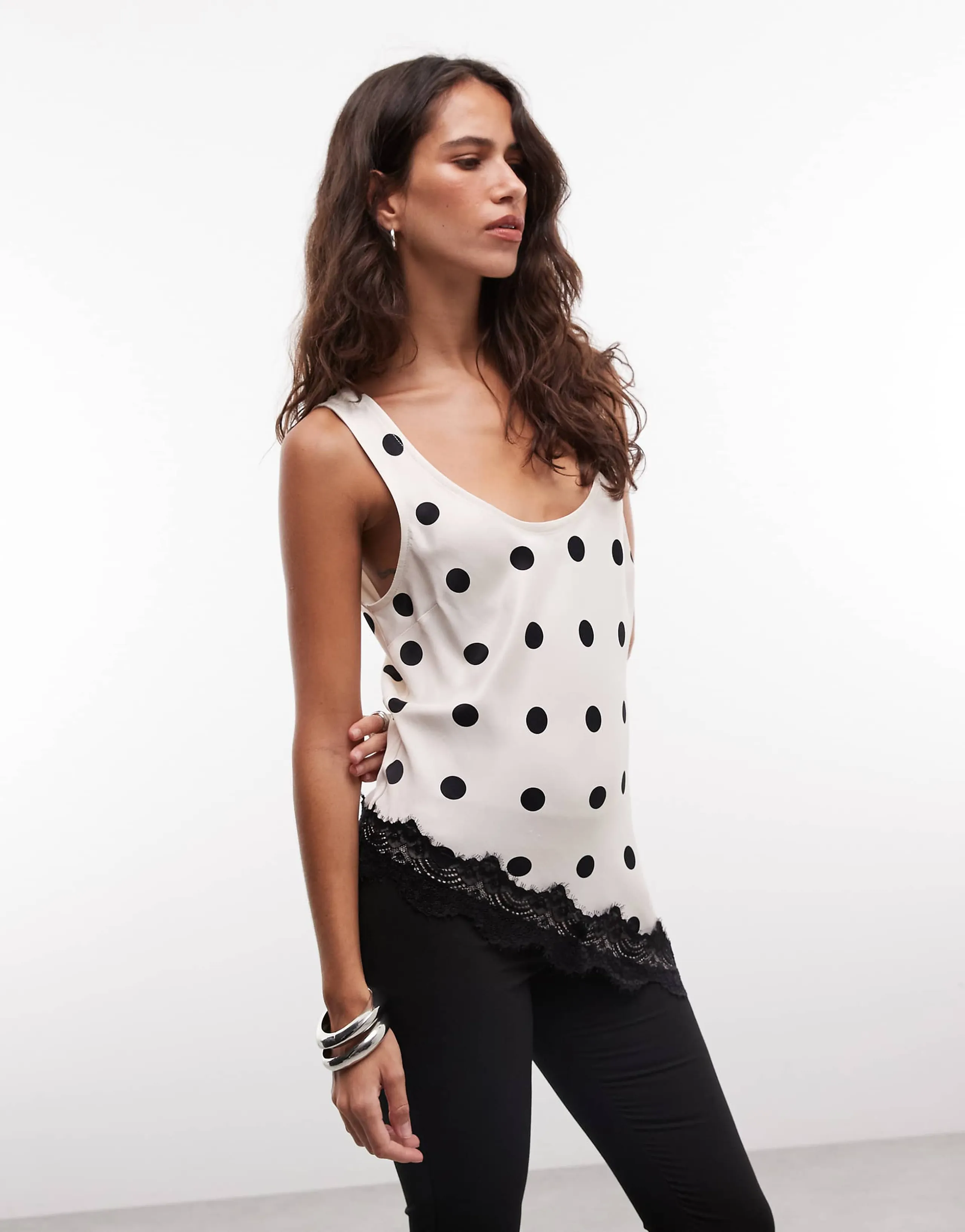 Reclaimed Vintage satin asymmetric cami top in polka dot print